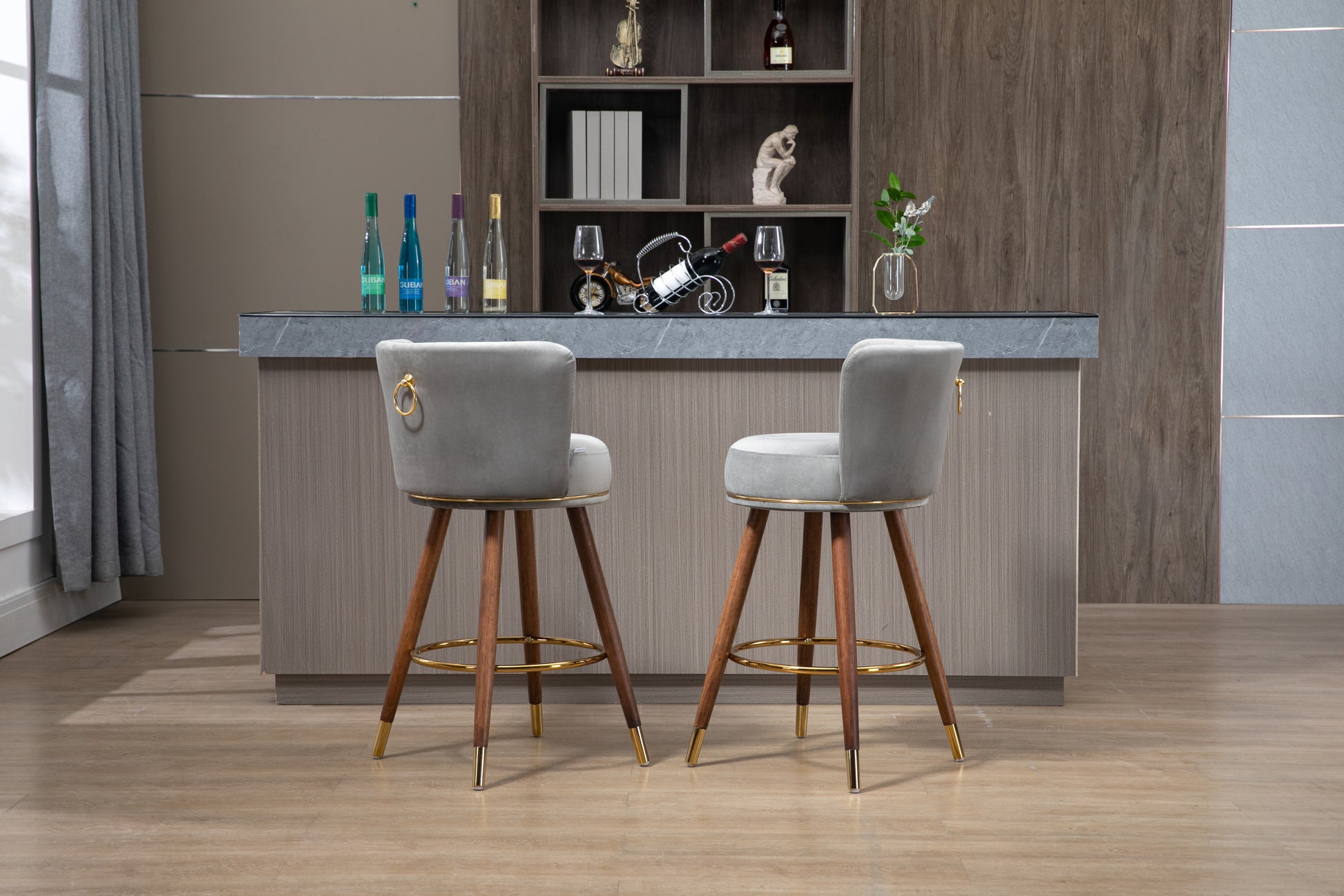 Coolmore Counter Height Bar Stools Set Of 2 For Kitchen Counter Solid Wood Legs With A Fixed Height Of 360 Degrees Gray Solid Wood