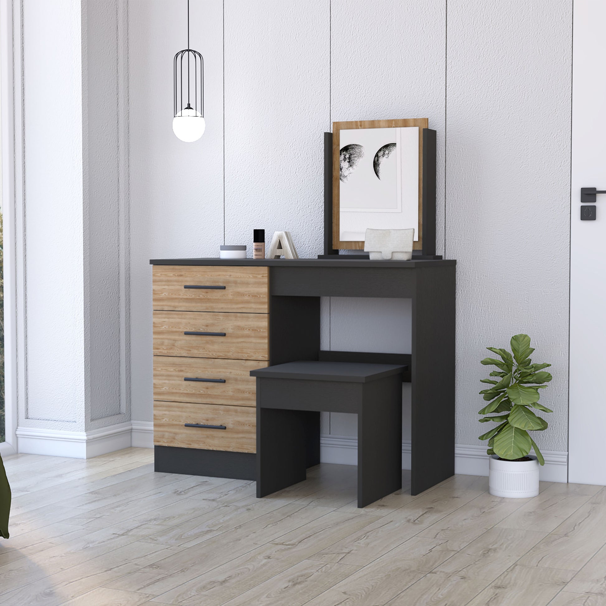 Black And Pine 4 Drawer Makeup Dressing Table With Stool Black Particle Board