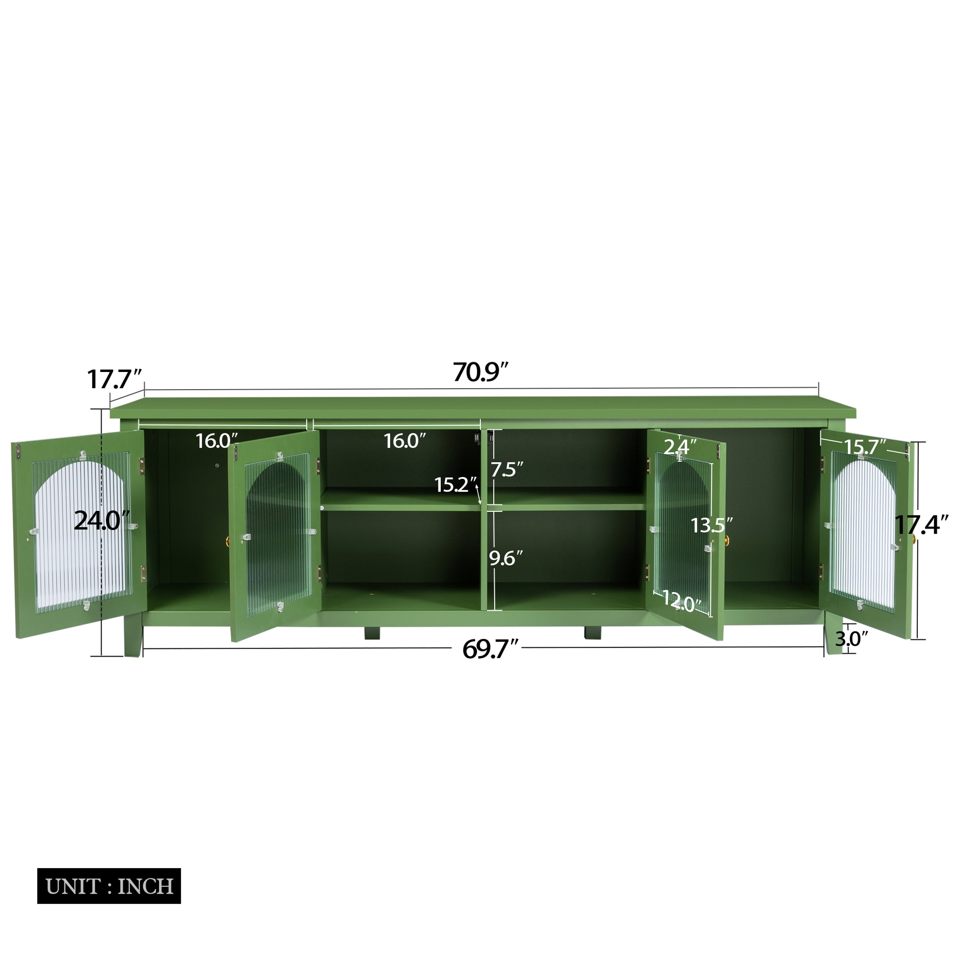 71 Inch Stylish Tv Cabinet,Entertainment Centertv Stand,Tvconsoletable, Media Console,Solidwood Frame,Changhong Glass Door,Metal Handle,Antique Green,For The Children'S Room,Bedroom Living Room Antique Green Primary Living Space 75 Inches 70 79 Inches