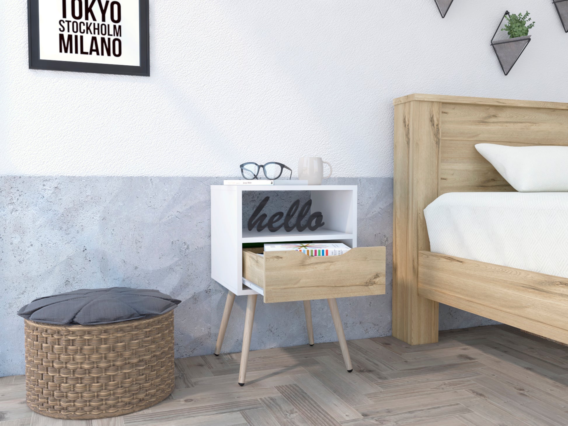 Haverson 1 Drawer 1 Shelf Nightstand White And Light Oak White Particle Board