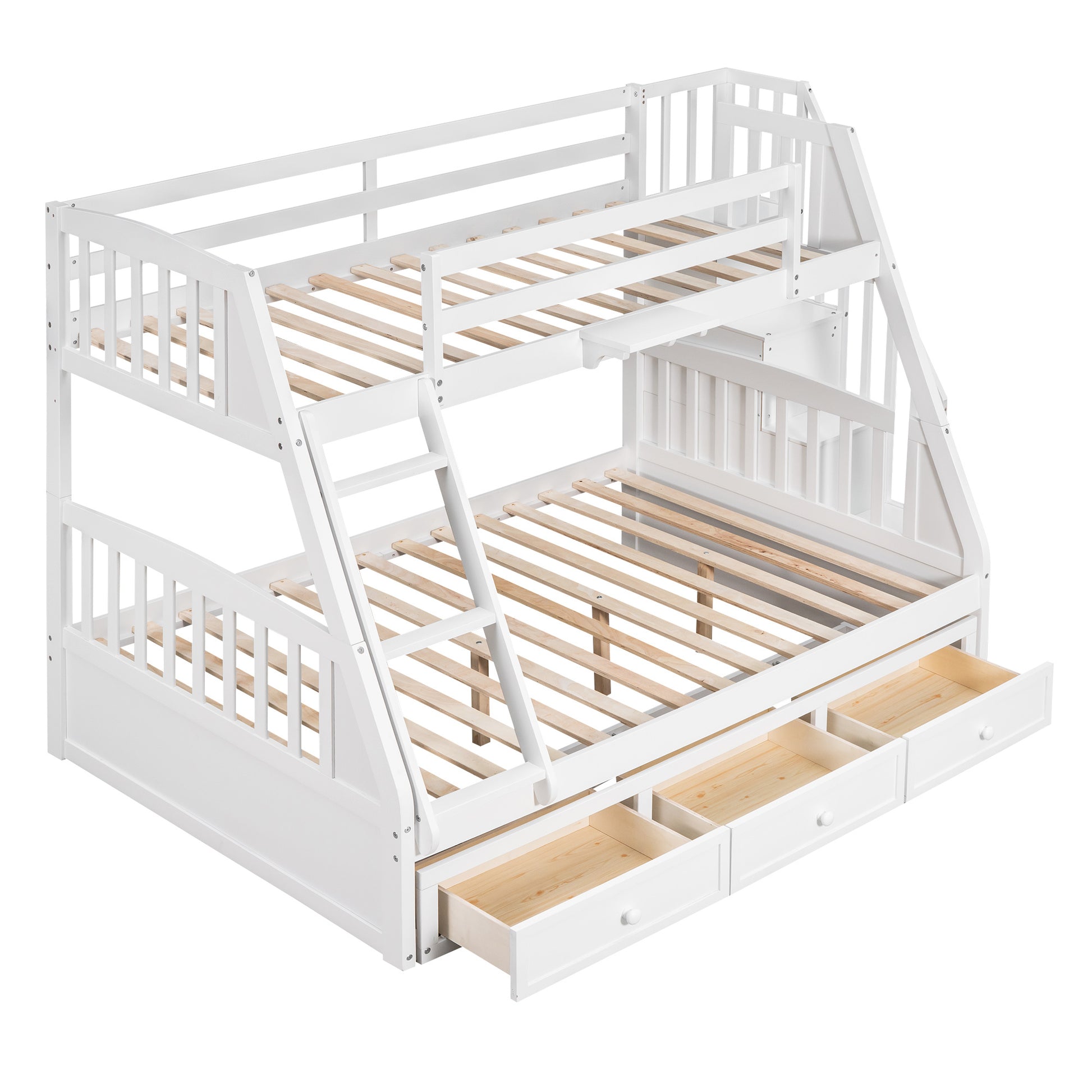 Twin Over Full Bunk Bed With Drawers Ladder And Storage Staircase, White White Solid Wood Mdf