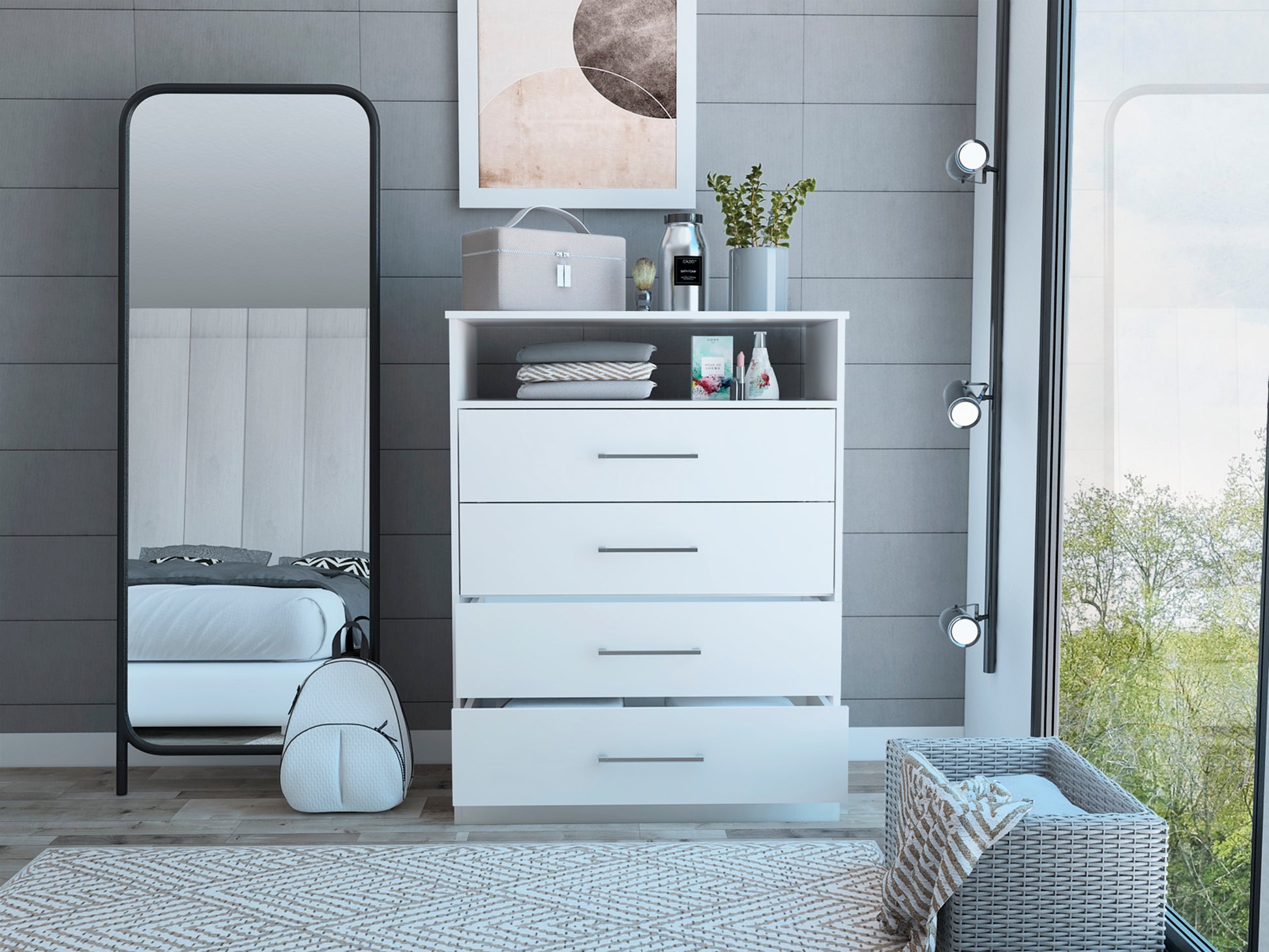 Cassville 4 Drawer 1 Shelf Dresser White White Particle Board