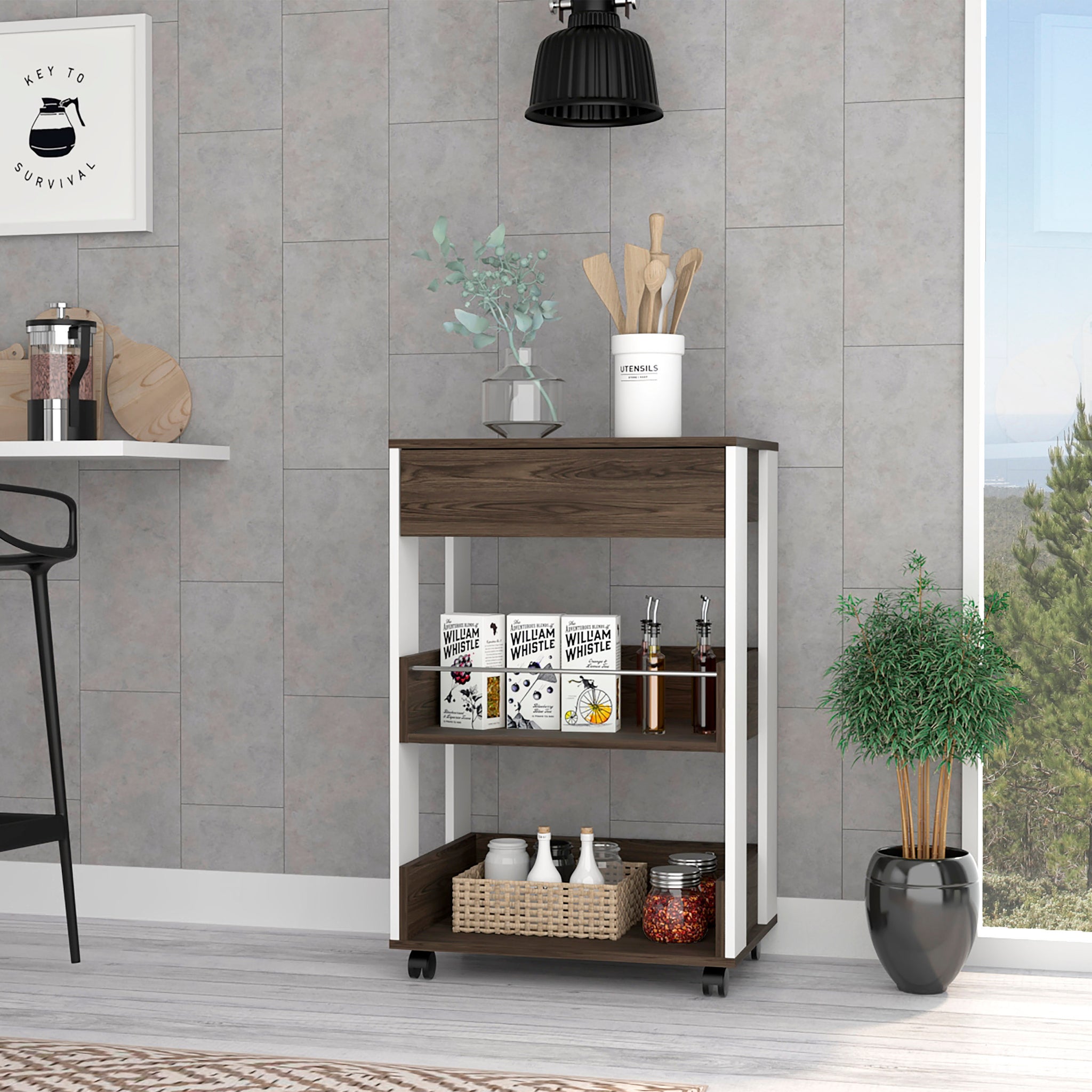 White And Dark Walnut 1 Drawer 2 Shelf Kitchen Cart With Caster Brown Particle Board