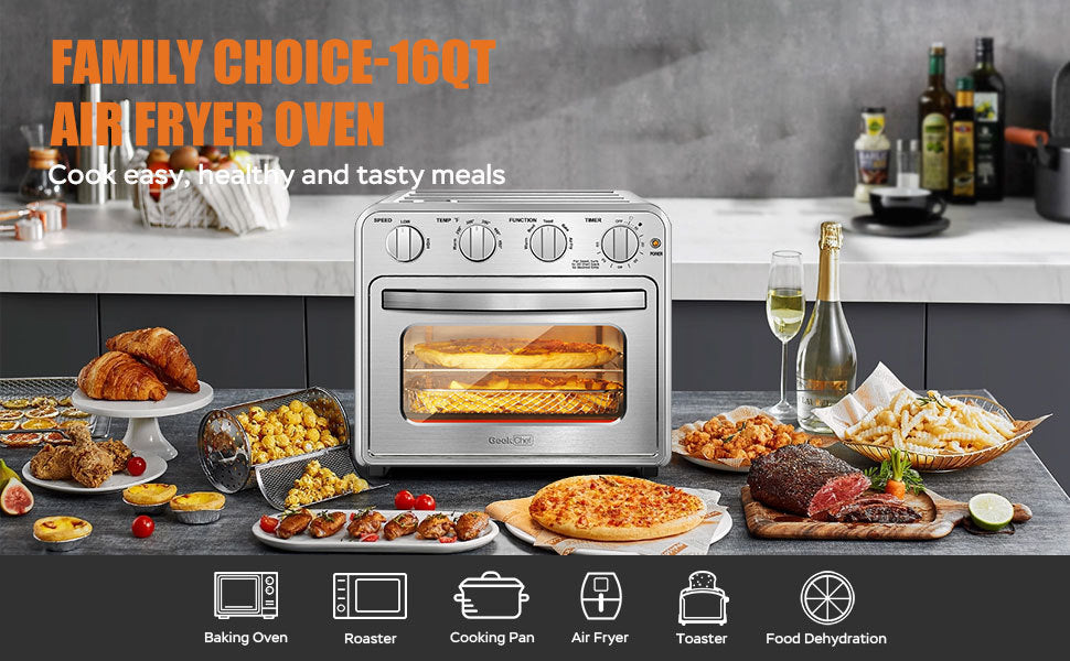 Geek Chef Air Fryer Toaster Oven Combo, 4 Slice Toaster Convection Oven Warm, Broil, Toast, Bake, Oil Free, Accessories Included, Stainless Steel, Silver 16Qt Air Fryer Oven Ban On , Temu Silver Stainless Steel