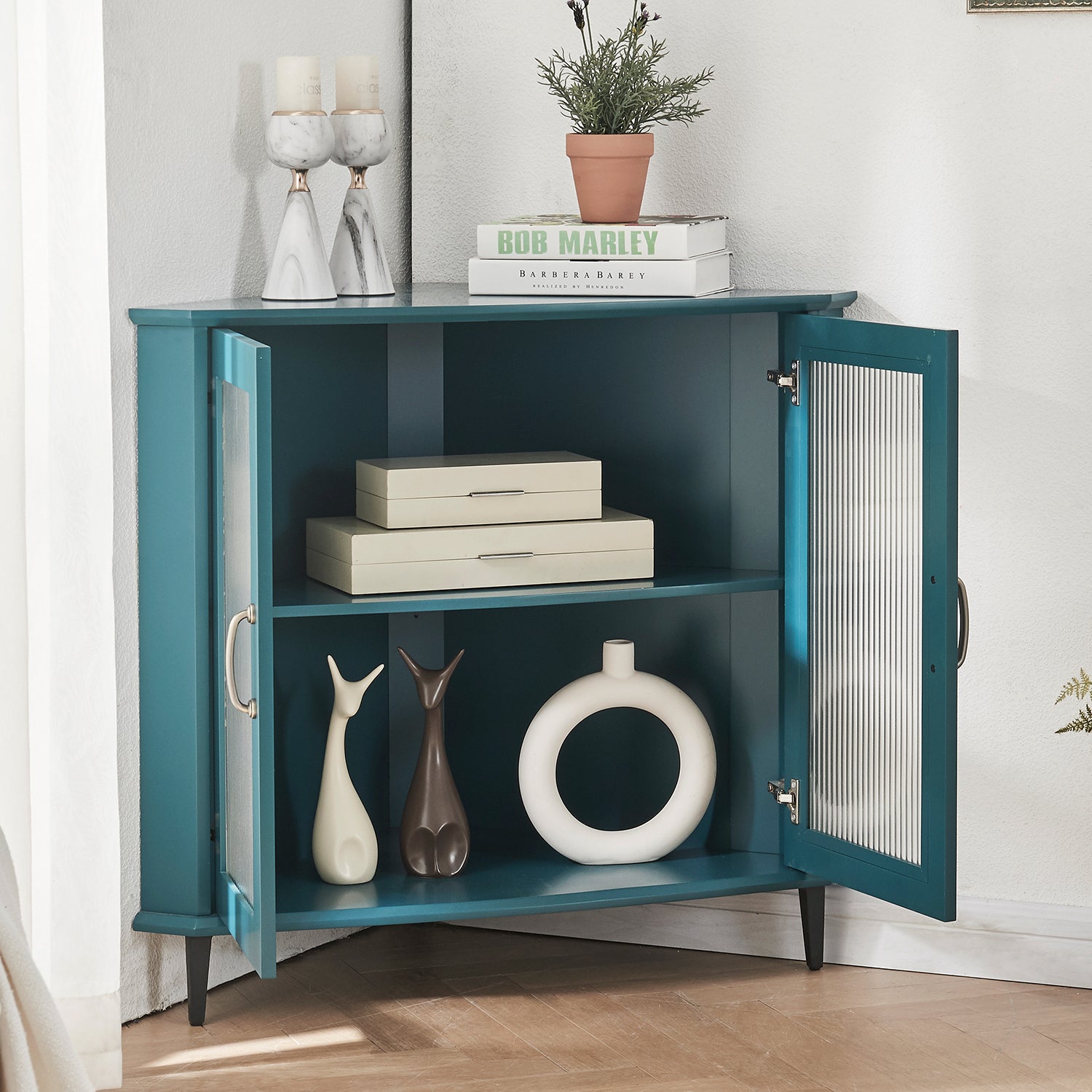 Corner Cabinet, Corner Night Stand, Free Standing Storage Shelf Organizer Teal Blue Primary Living Space Adjustable Shelves Mdf Glass