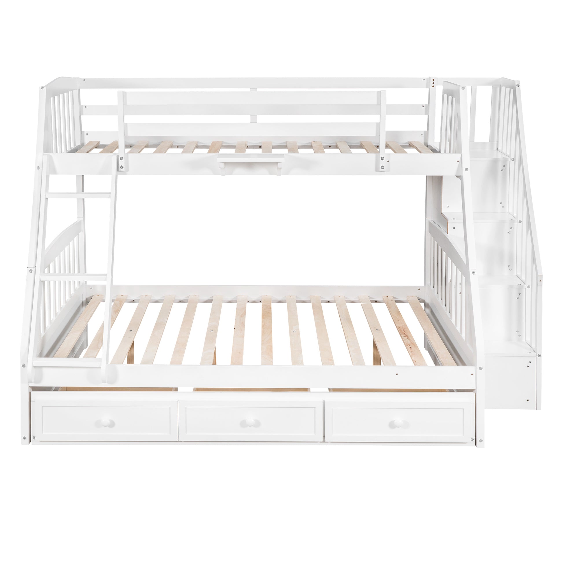 Twin Over Full Bunk Bed With Drawers Ladder And Storage Staircase, White White Solid Wood Mdf