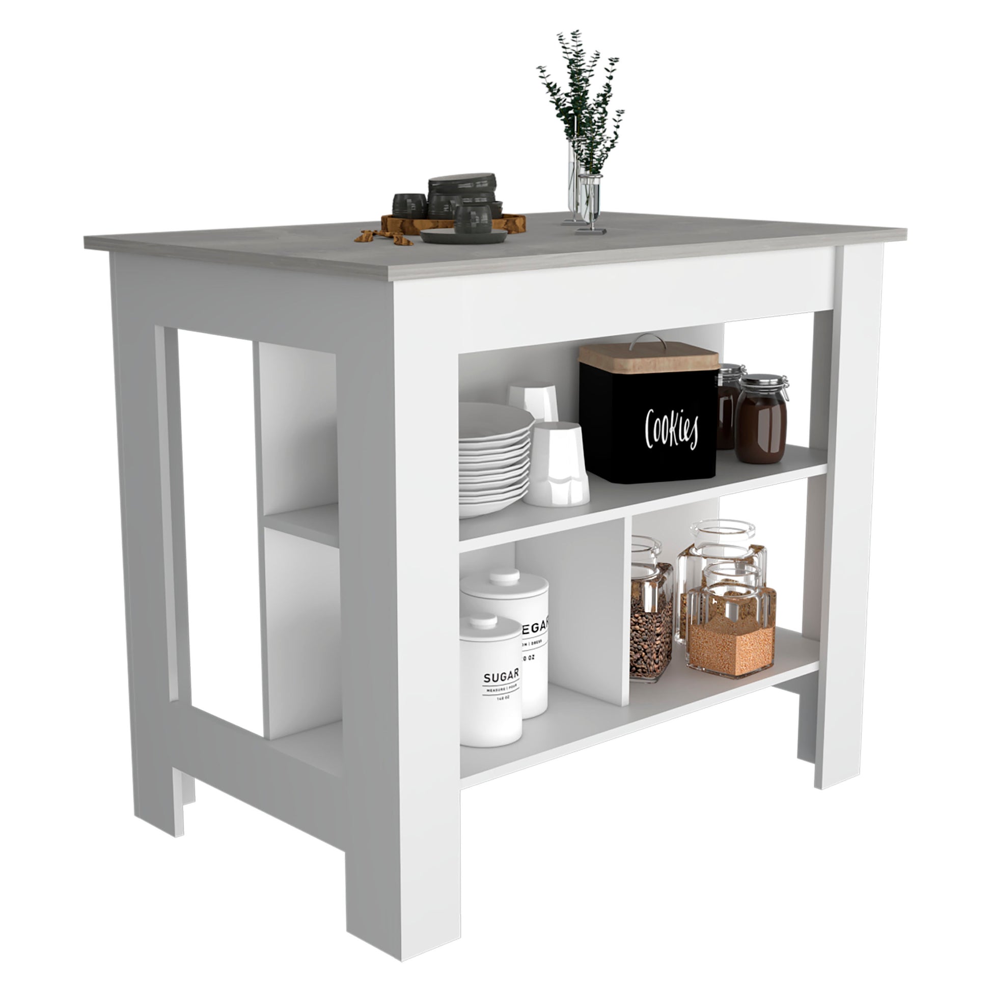 Rockaway 3 Shelf Kitchen Island White And Ibiza Marble White Particle Board