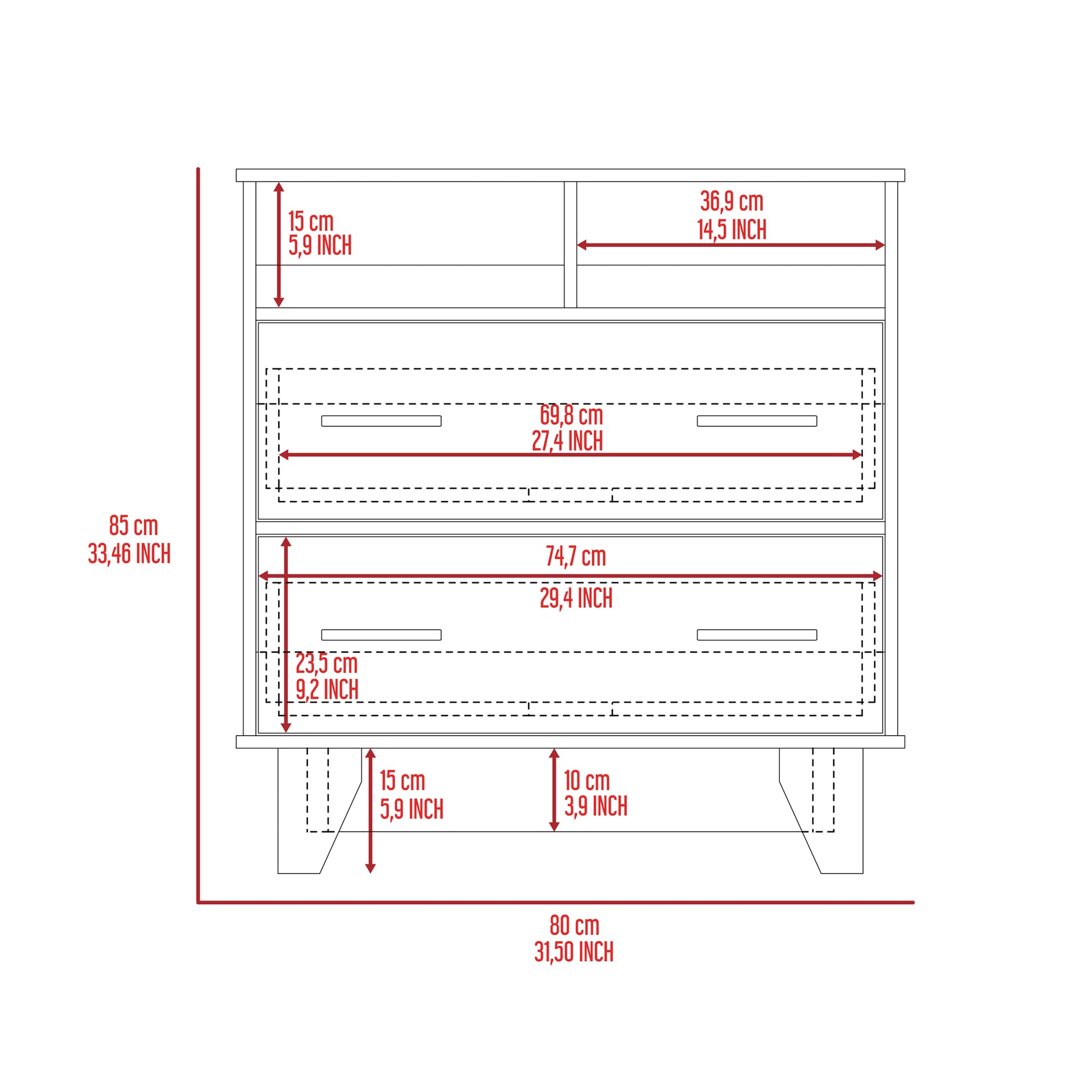 Aaron 2 Drawer 2 Shelf Dresser White White Particle Board