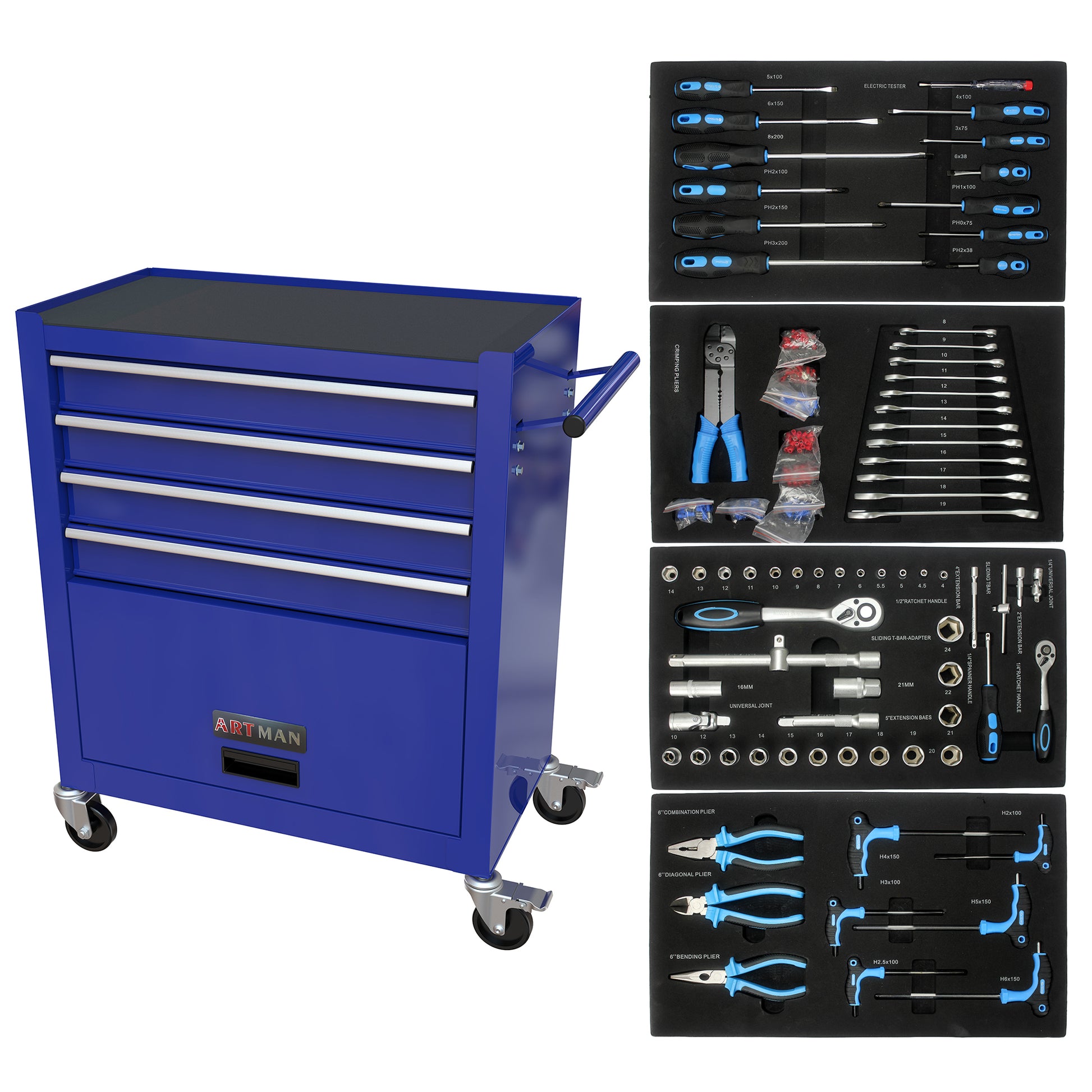 4 Drawers Tool Cabinet With Tool Sets Blue Red Steel