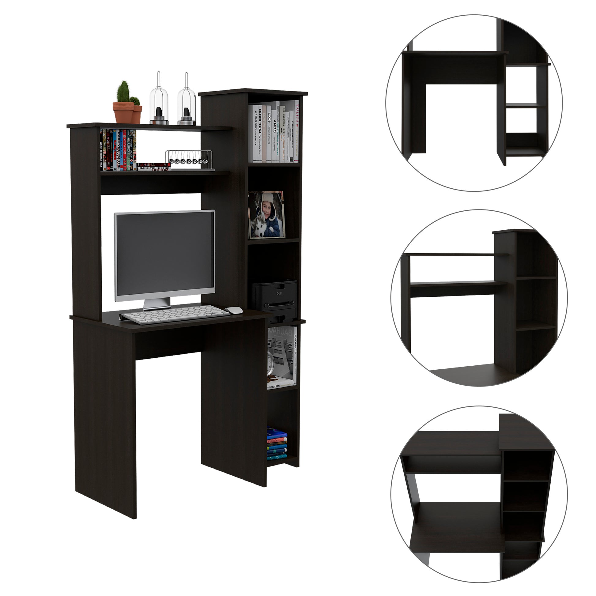 Black Wengue 6 Shelf Writing Desk With Built In Bookcase Black Particle Board