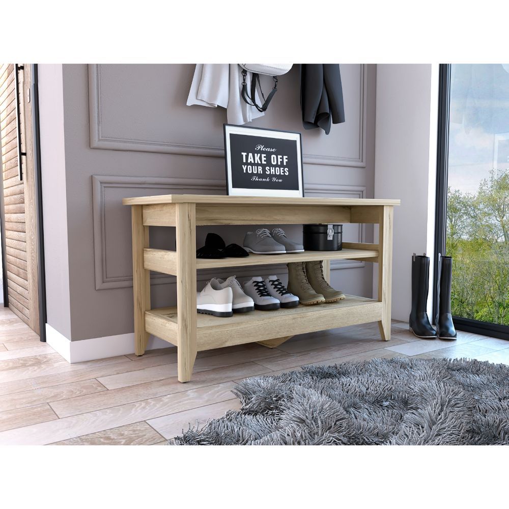 Light Oak 2 Shelf Rectangle Storage Bench Light Oak Particle Board