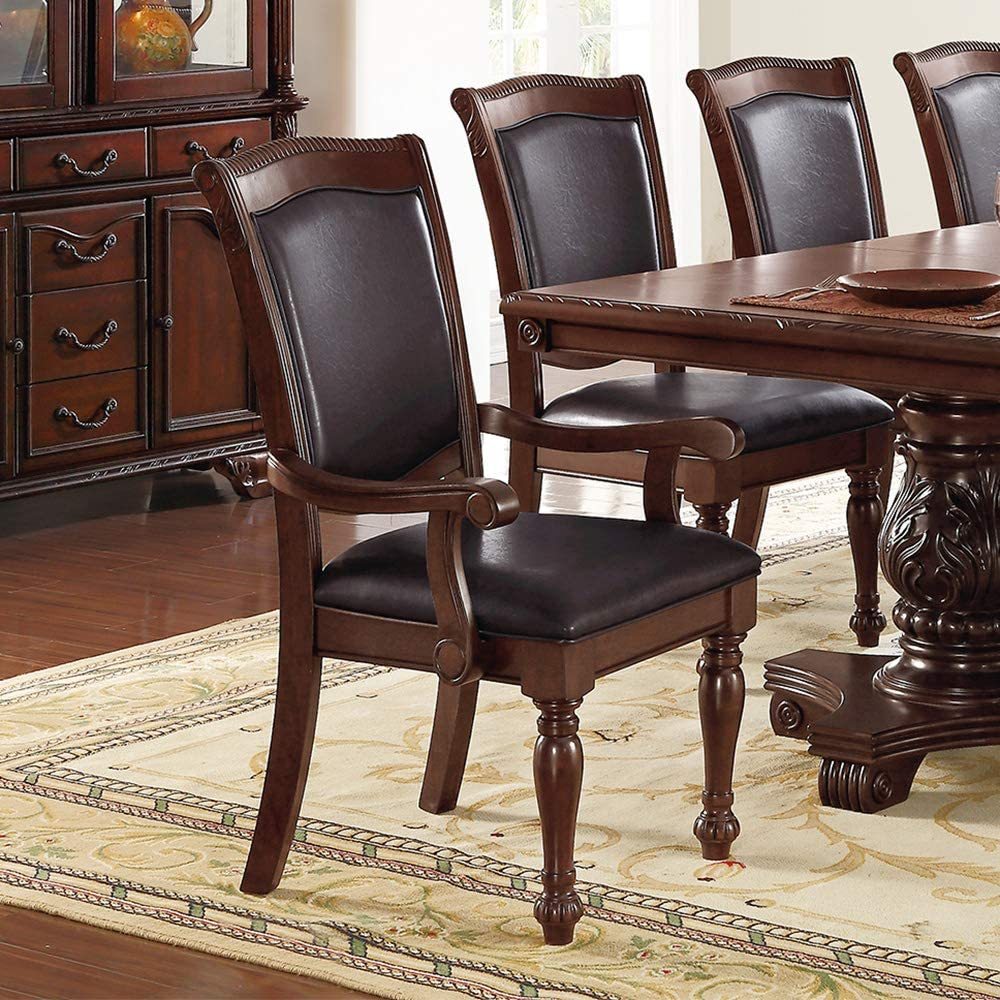 Royal Majestic Formal Set Of 2 Arm Chairs Brown Color Rubberwood Dining Room Furniture Faux Leather Upholstered Seat Brown Brown Dining Room Luxury,Traditional Arm Chair Rubberwood Rubber Wood