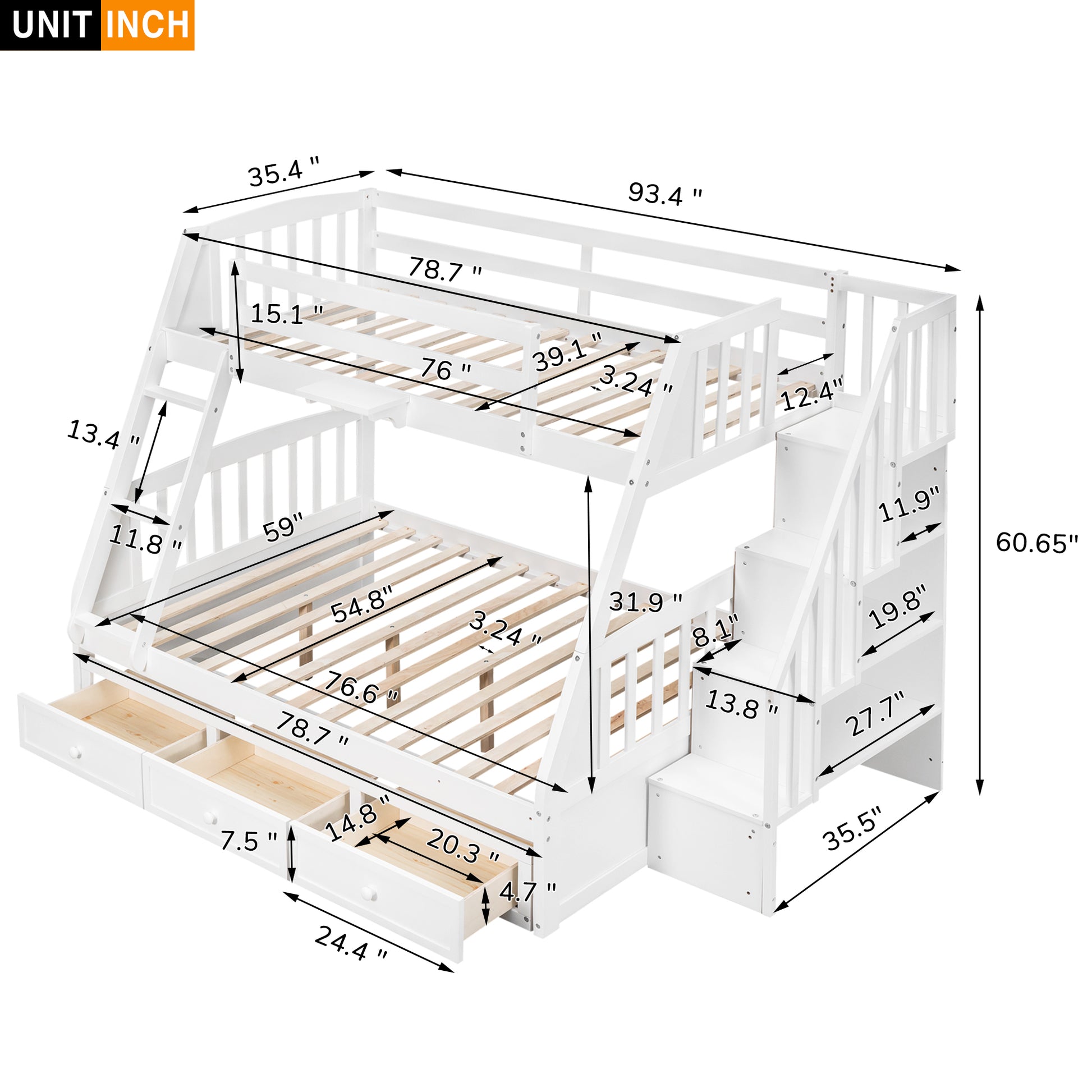 Twin Over Full Bunk Bed With Drawers Ladder And Storage Staircase, White White Solid Wood Mdf