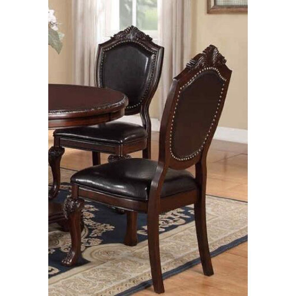 Classic Formal Dining Room Table And 4X Side Chairs Brown 5Pc Set Dining Table Pedestal Base Antique Round Table Faux Leather Upholstered Chair Brown Wood Dining Room Solid Wood Rubberwood Round Dining Table With Chair Wood Wood Brown Solid Back Seats 4