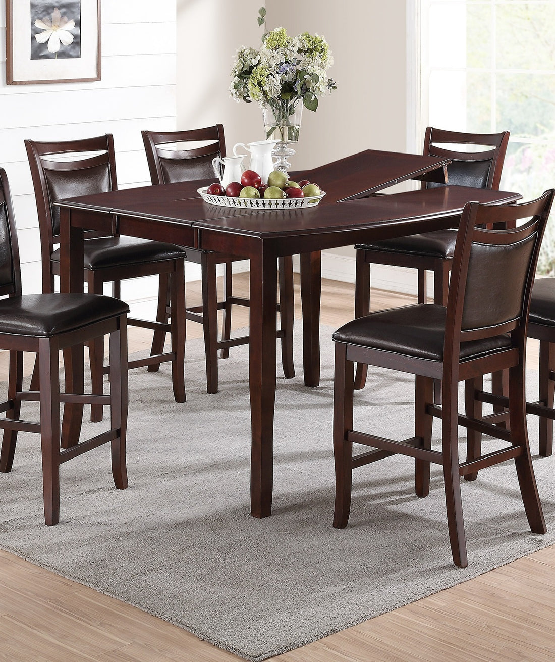 Dining Room Furniture Dark Brown Counter Height Dining Table W Butterfly Leaf 6X High Chairs Wooden Top 7Pc Set Table Contemporary Dark Brown Dining Room Contemporary,Modern Rubber Wood