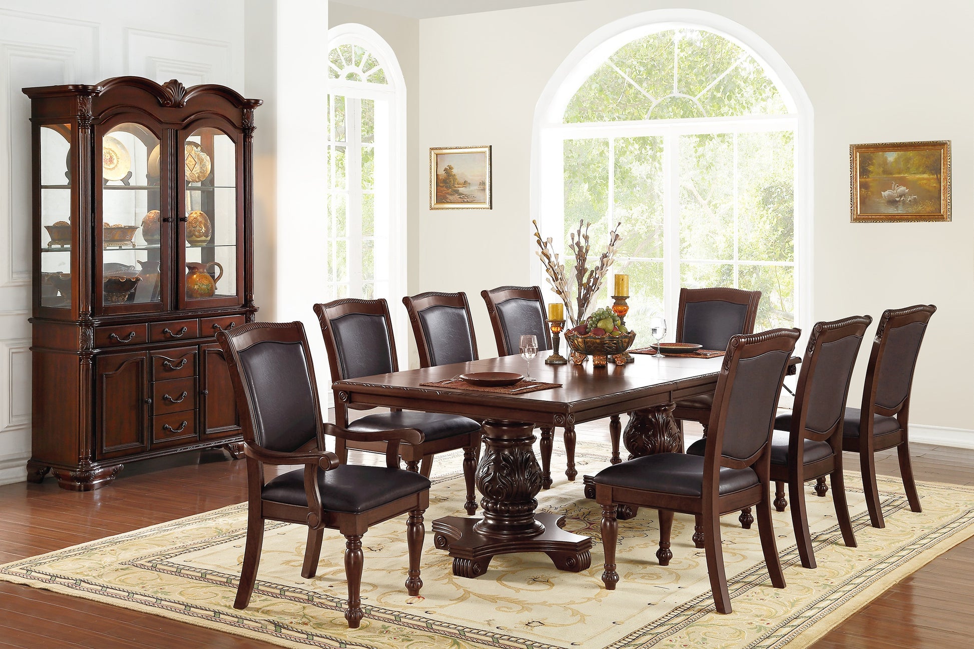 Majestic Royal Dining Room Table W Leaf 2X Arm Chairs And 6X Side Chairs Brown 9Pc Set Rubberwood Dining Table Double Pedestal Base Rectangle Table Brown Wood Dining Room Solid Wood Rubberwood Rectangular Dining Table With Chair Upholstered Chair Wood