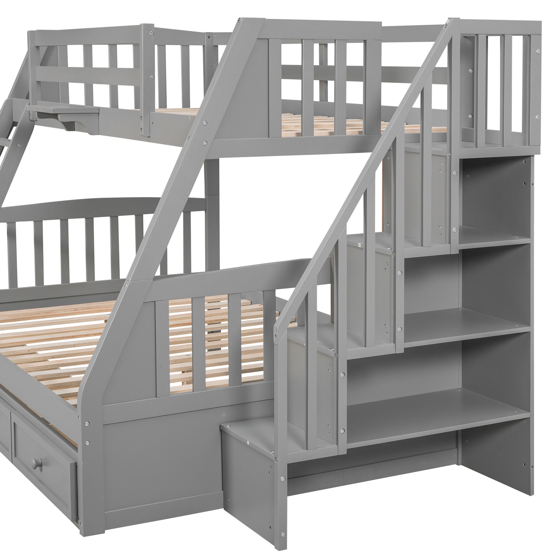 Twin Over Full Bunk Bed With Drawers Ladder And Storage Staircase, Gray Gray Solid Wood Mdf