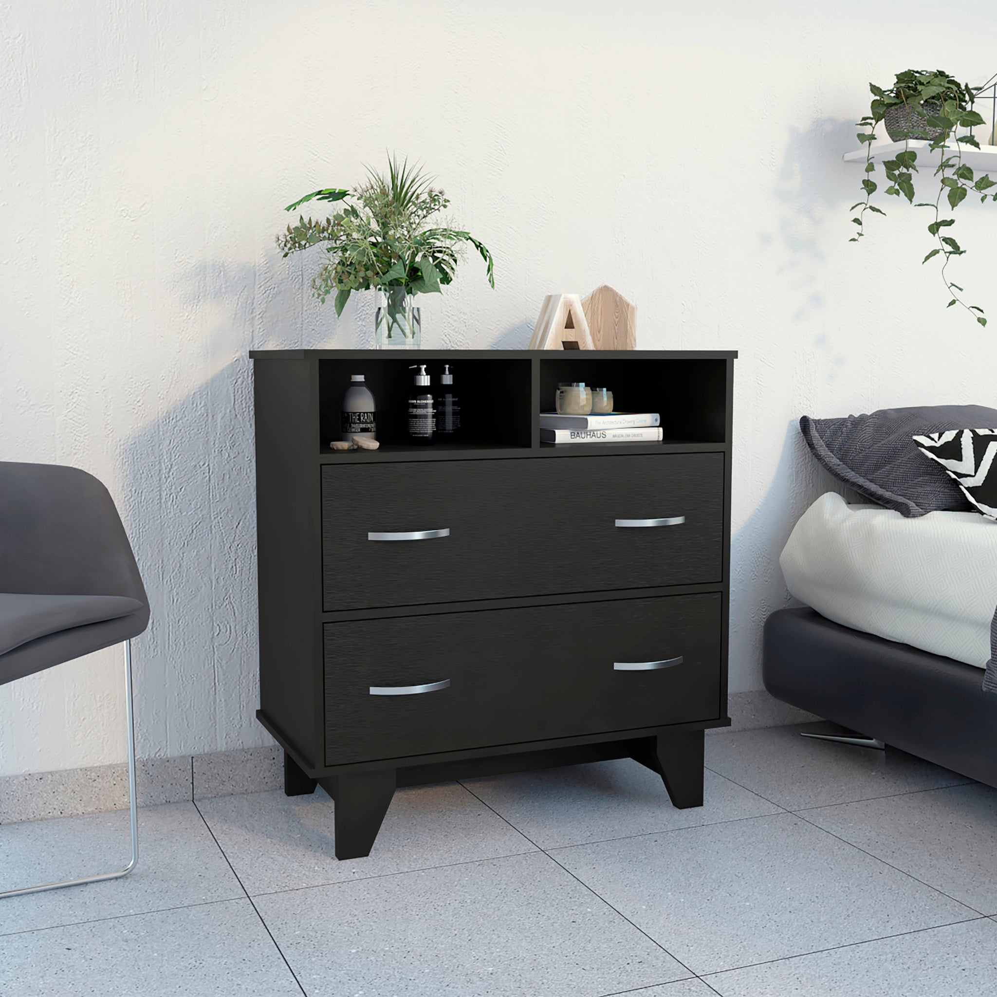 Aaron 2 Drawer 2 Shelf Dresser Black Wengue Black Particle Board