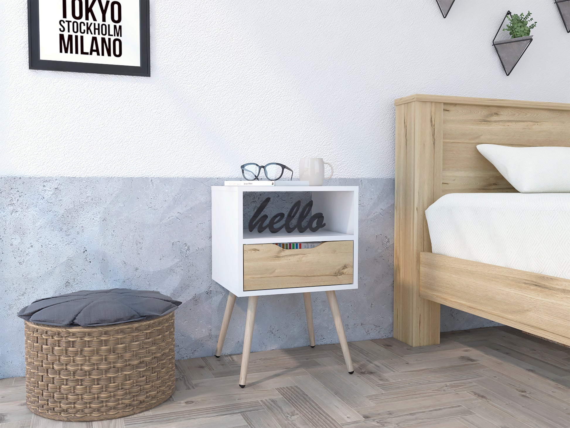 Haverson 1 Drawer 1 Shelf Nightstand White And Light Oak White Particle Board