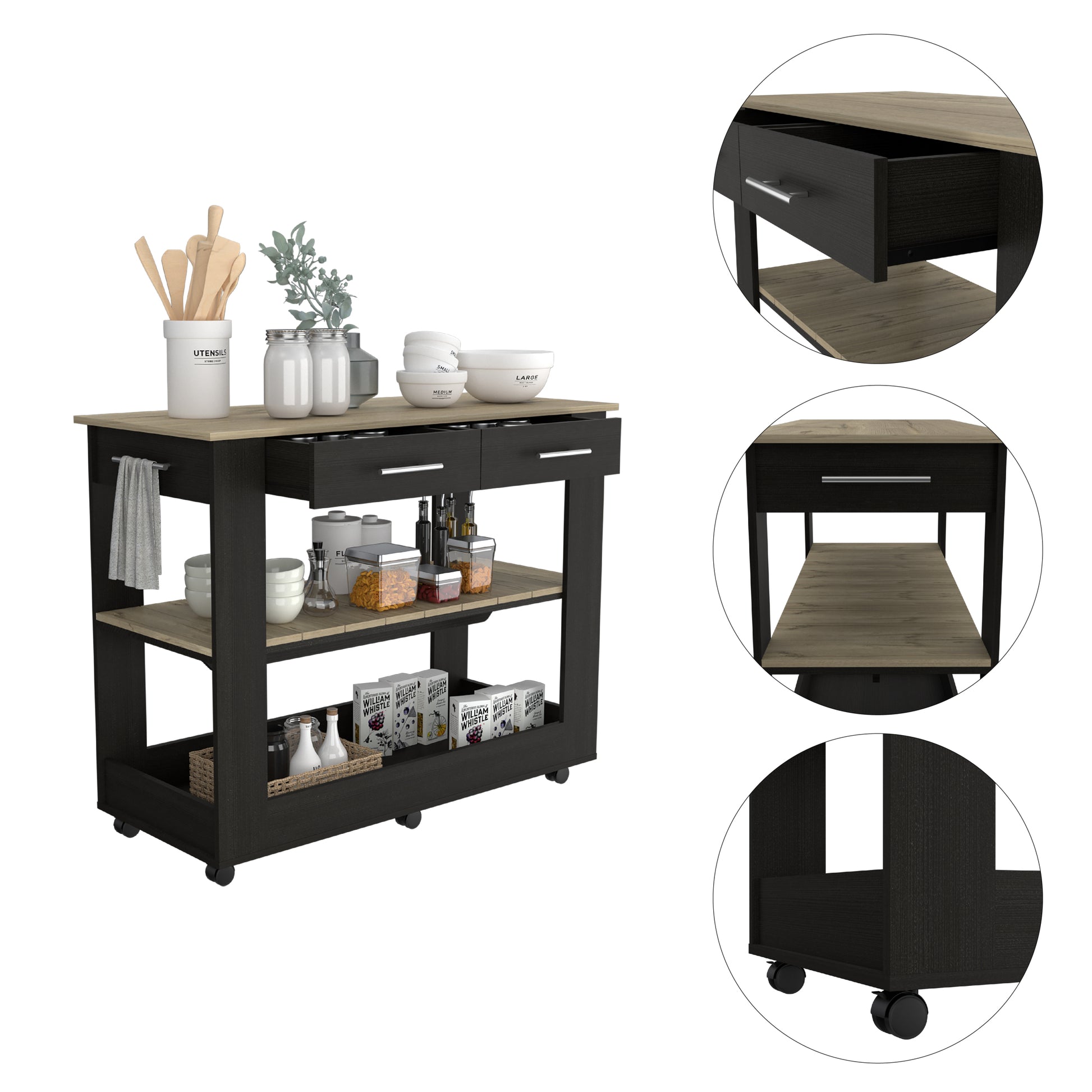 Rockaway 2 Drawer 2 Shelf Kitchen Island Black Wengue And Light Oak Black Particle Board