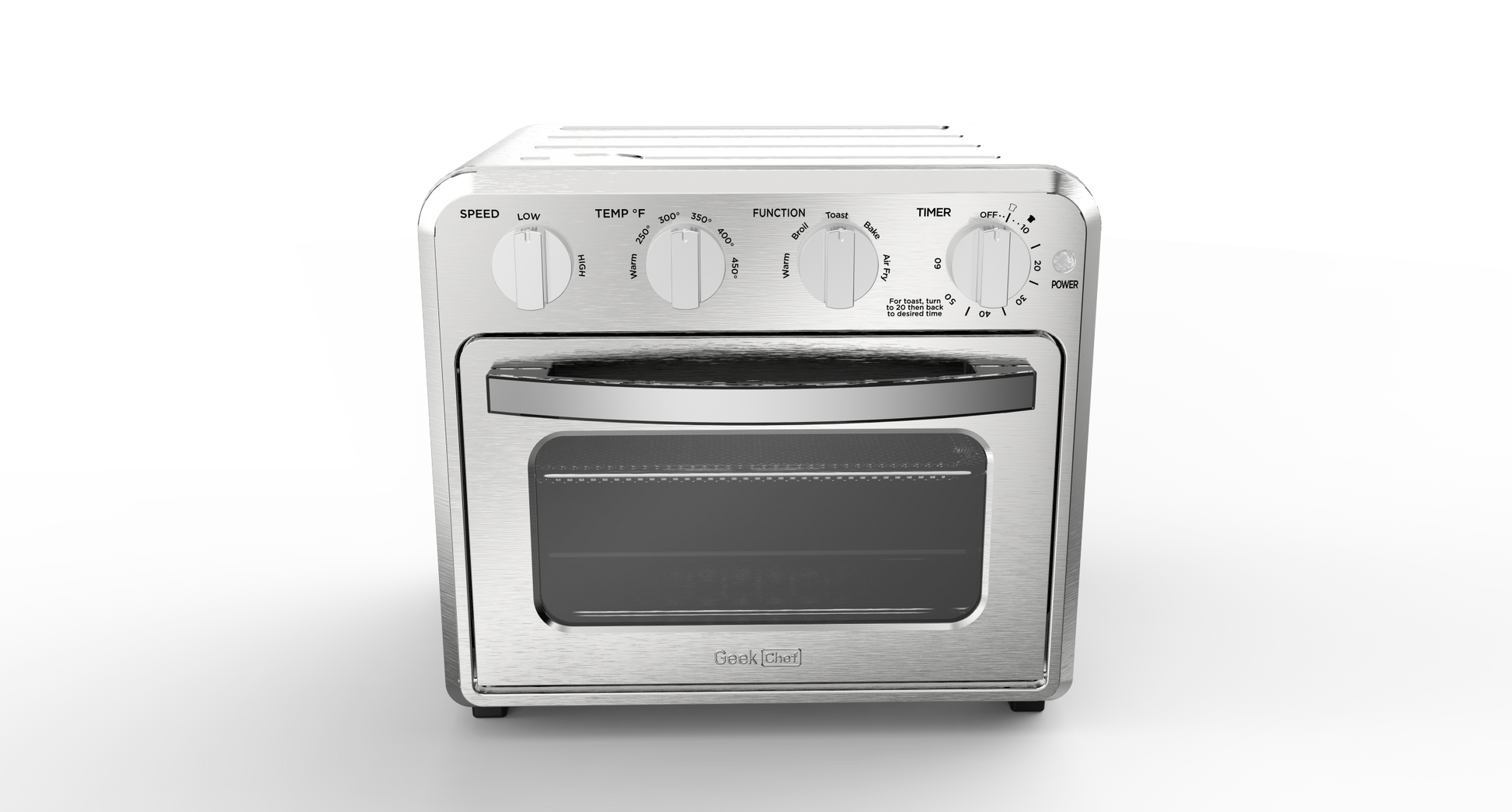 Geek Chef Air Fryer Toaster Oven Combo, 4 Slice Toaster Convection Oven Warm, Broil, Toast, Bake, Oil Free, Accessories Included, Stainless Steel, Silver 16Qt Air Fryer Oven Ban On , Temu Silver Stainless Steel