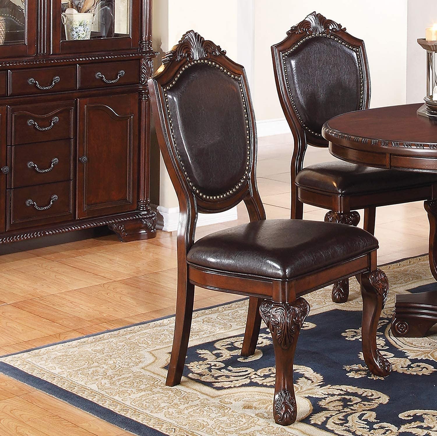 Classic Formal Dining Room Table And 4X Side Chairs Brown 5Pc Set Dining Table Pedestal Base Antique Round Table Faux Leather Upholstered Chair Brown Wood Dining Room Solid Wood Rubberwood Round Dining Table With Chair Wood Wood Brown Solid Back Seats 4