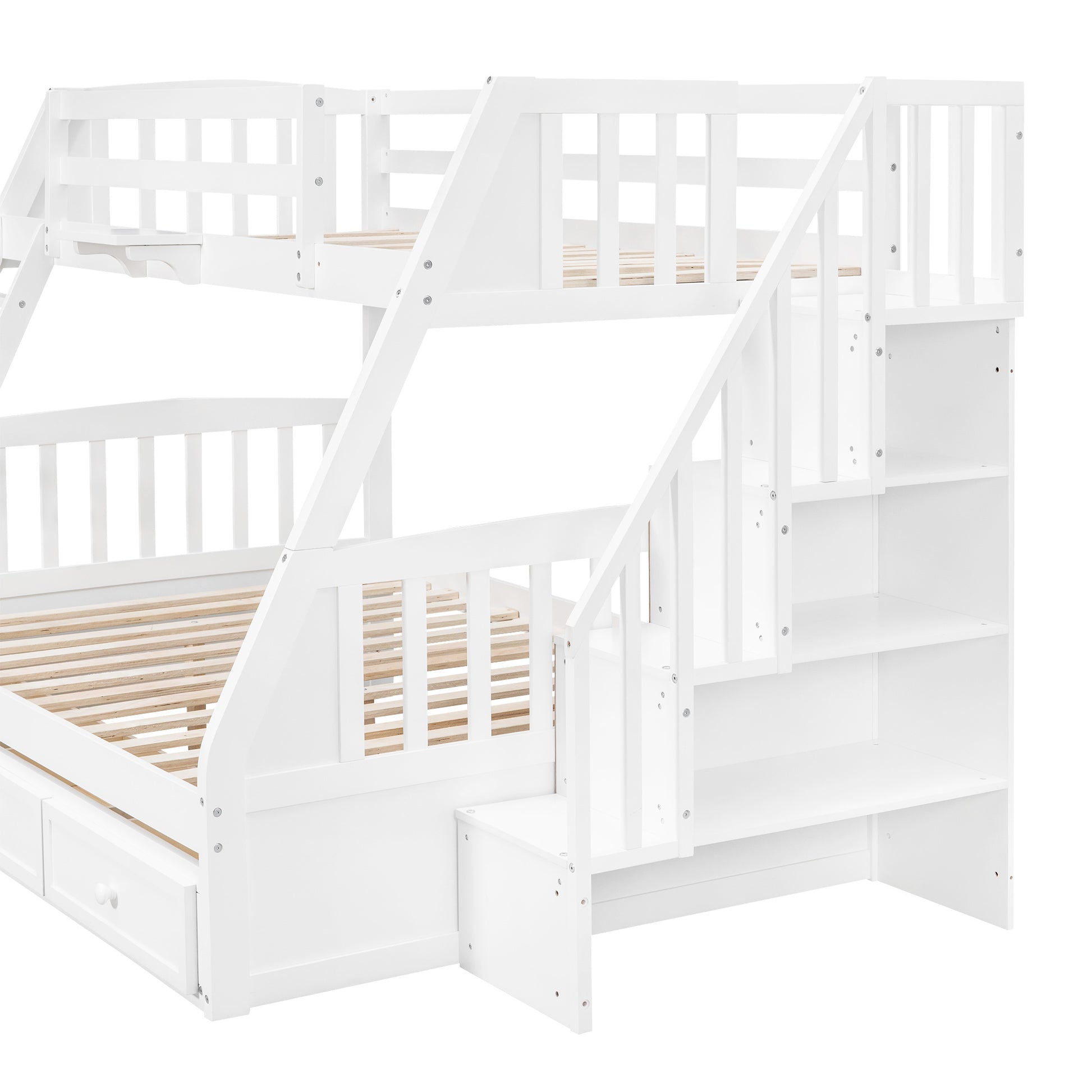 Twin Over Full Bunk Bed With Drawers Ladder And Storage Staircase, White White Solid Wood Mdf