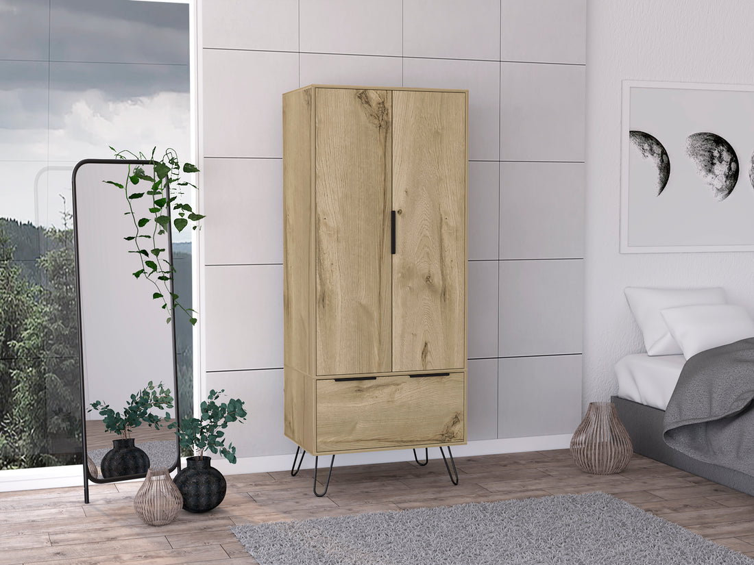 Light Oak Wooden Wardrobe With 2 Doors And 1 Drawer Light Oak Particle Board