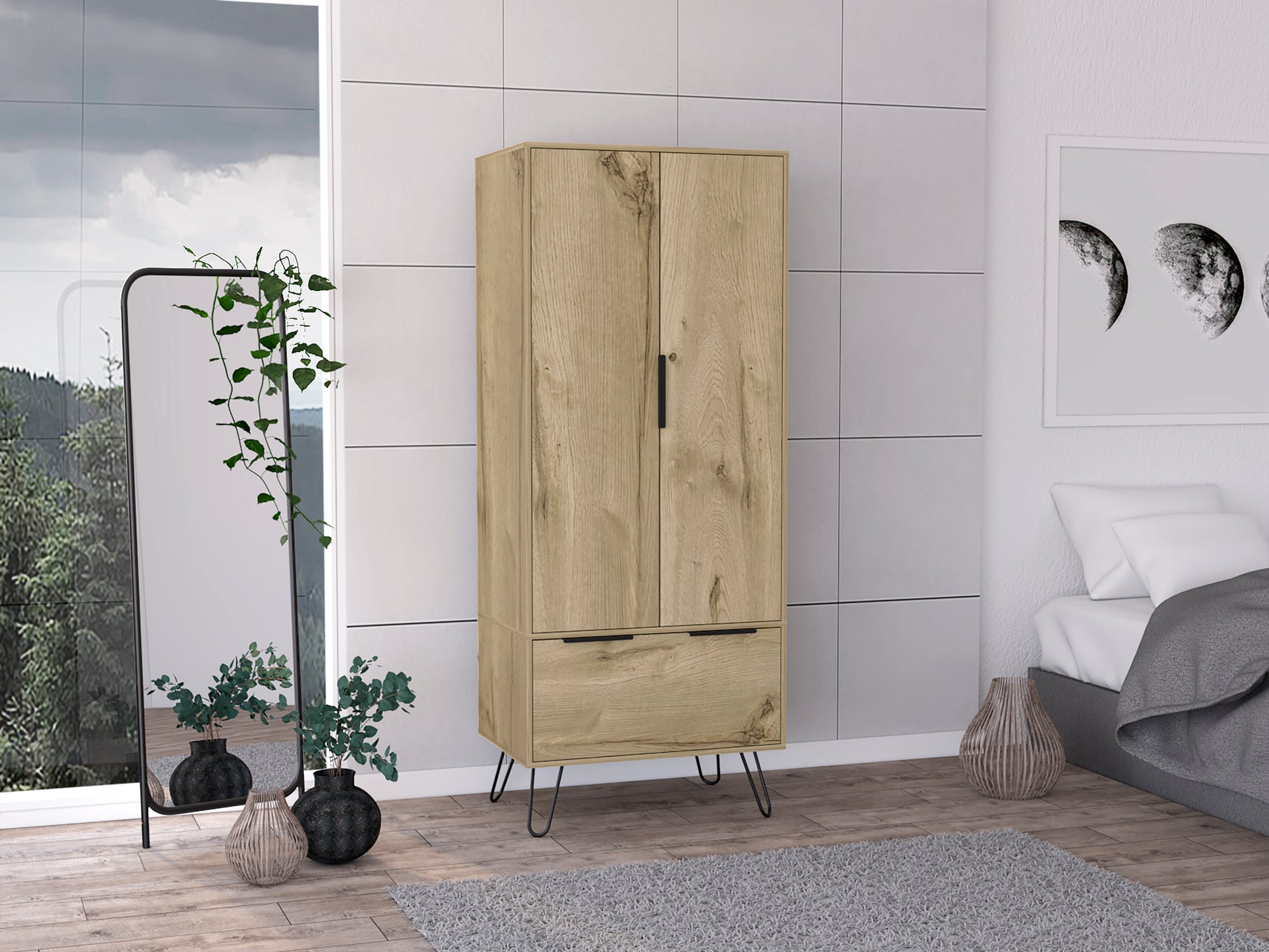 Light Oak Wooden Wardrobe With 2 Doors And 1 Drawer Light Oak Particle Board