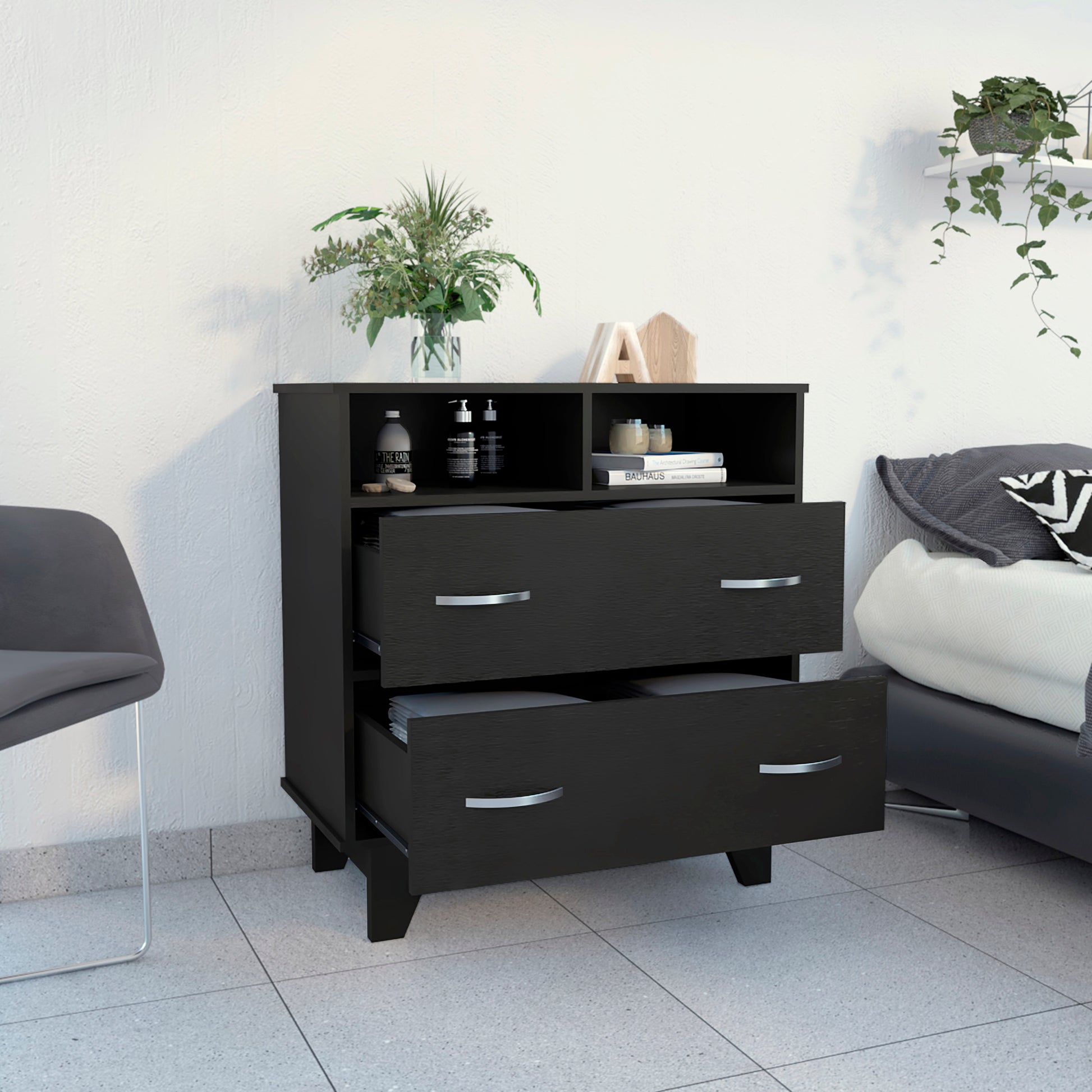 Aaron 2 Drawer 2 Shelf Dresser Black Wengue Black Particle Board