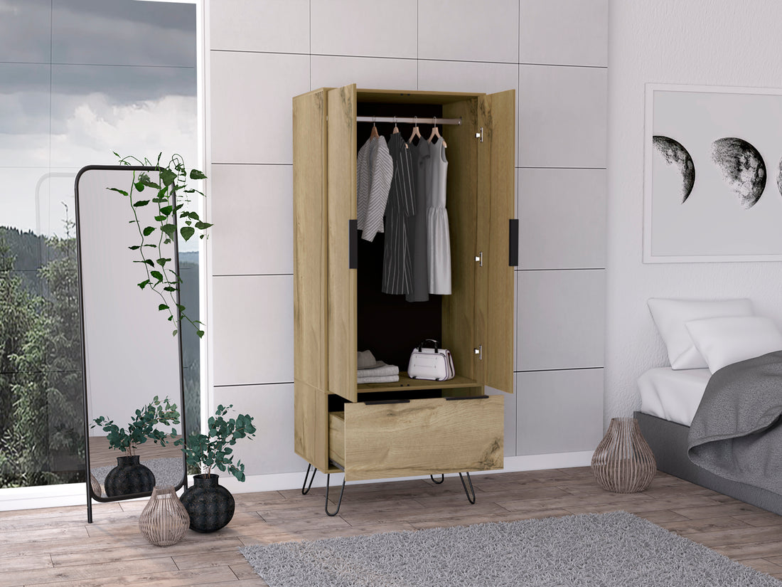 Light Oak Wooden Wardrobe With 2 Doors And 1 Drawer Light Oak Particle Board