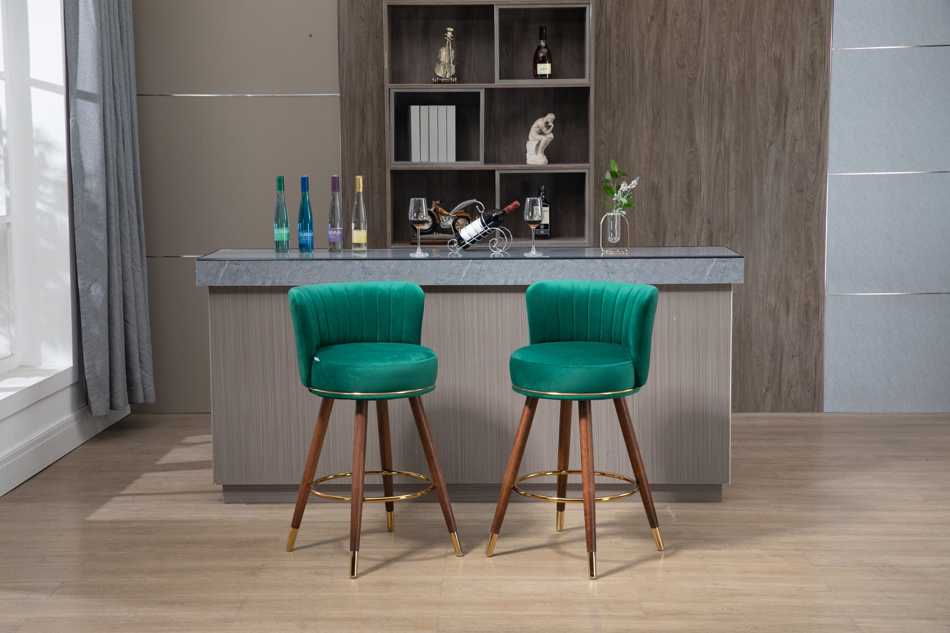 Coolmore Counter Height Bar Stools Set Of 2 For Kitchen Counter Solid Wood Legs With A Fixed Height Of 360 Degrees Emerald Solid Wood