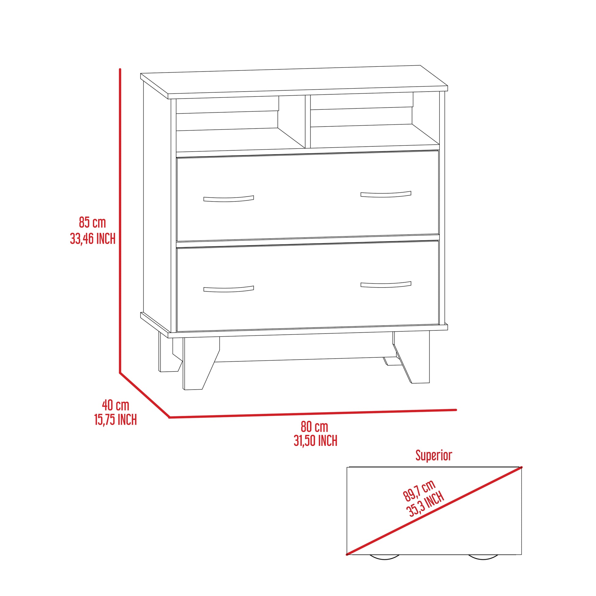 Aaron 2 Drawer 2 Shelf Dresser White White Particle Board