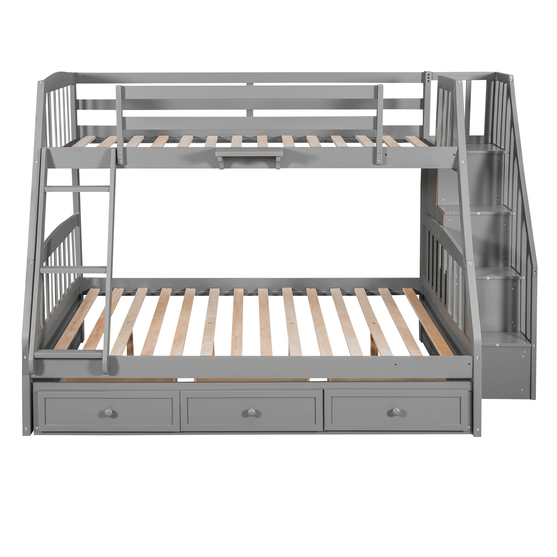 Twin Over Full Bunk Bed With Drawers Ladder And Storage Staircase, Gray Gray Solid Wood Mdf