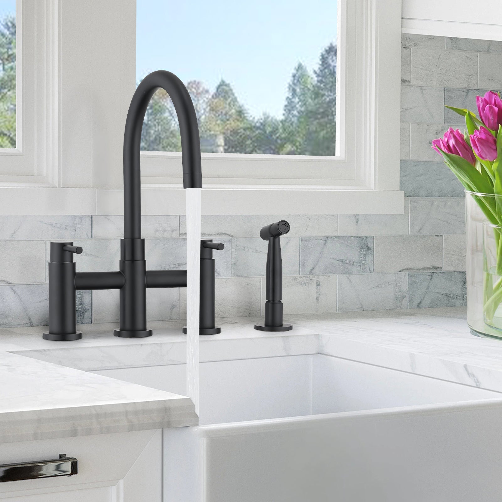 Double Handle Bridge Kitchen Faucet With Side Spray Matte Black Stainless Steel