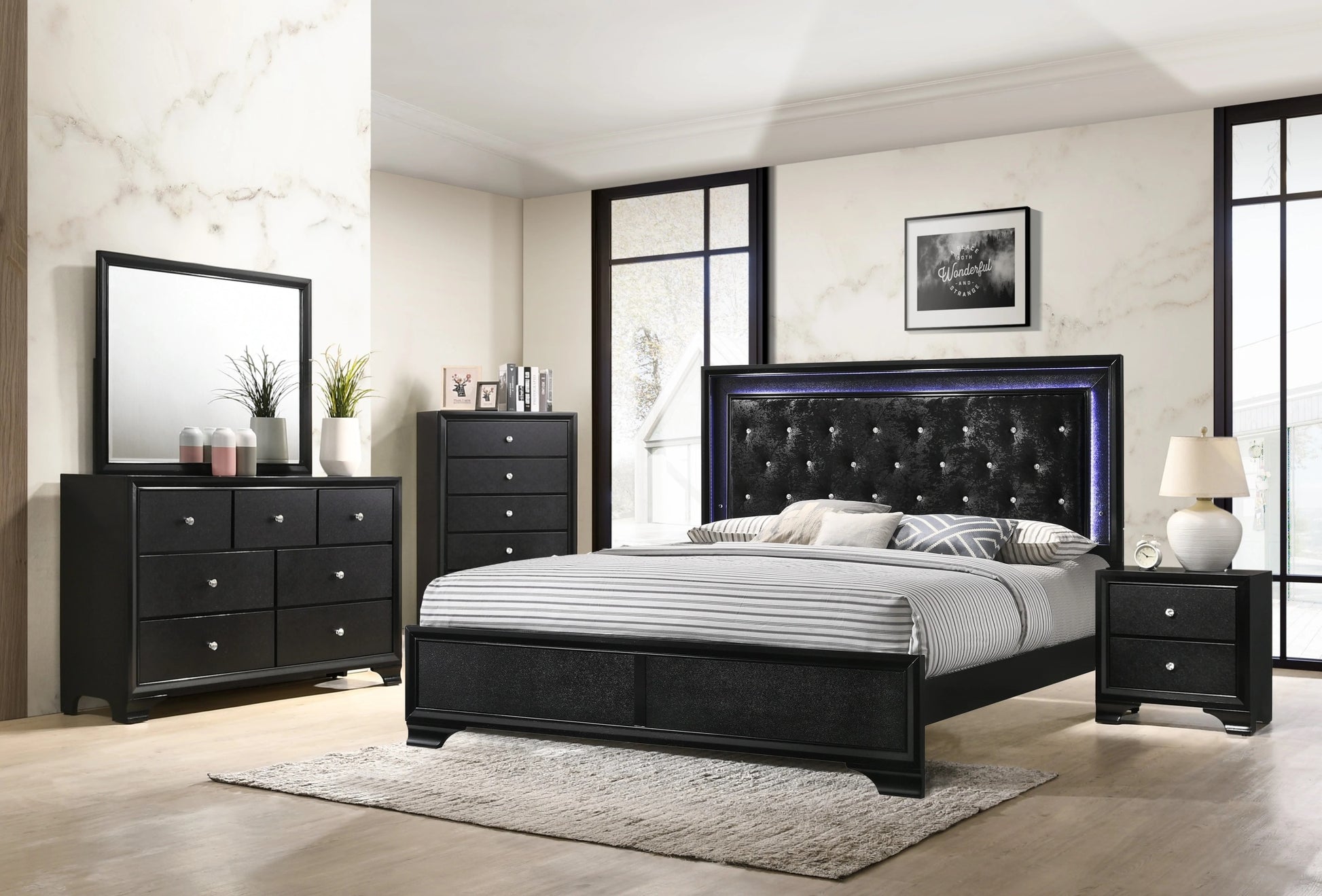 Modern Black Finish Upholstered 1Pc King Size Led Panel Bed Faux Diamond Tufted Bedroom Furniture Black Solid Wood