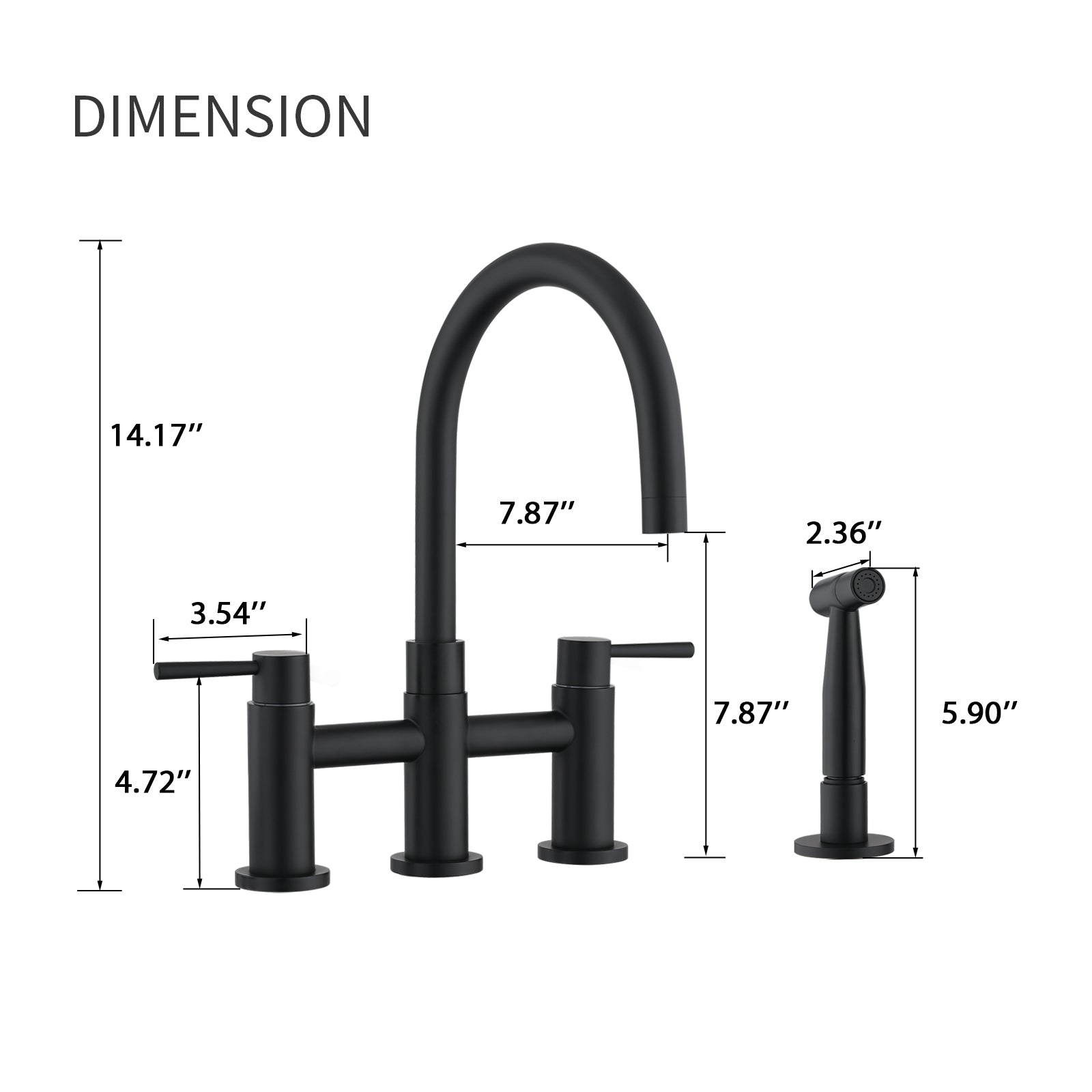 Double Handle Bridge Kitchen Faucet With Side Spray Matte Black Stainless Steel