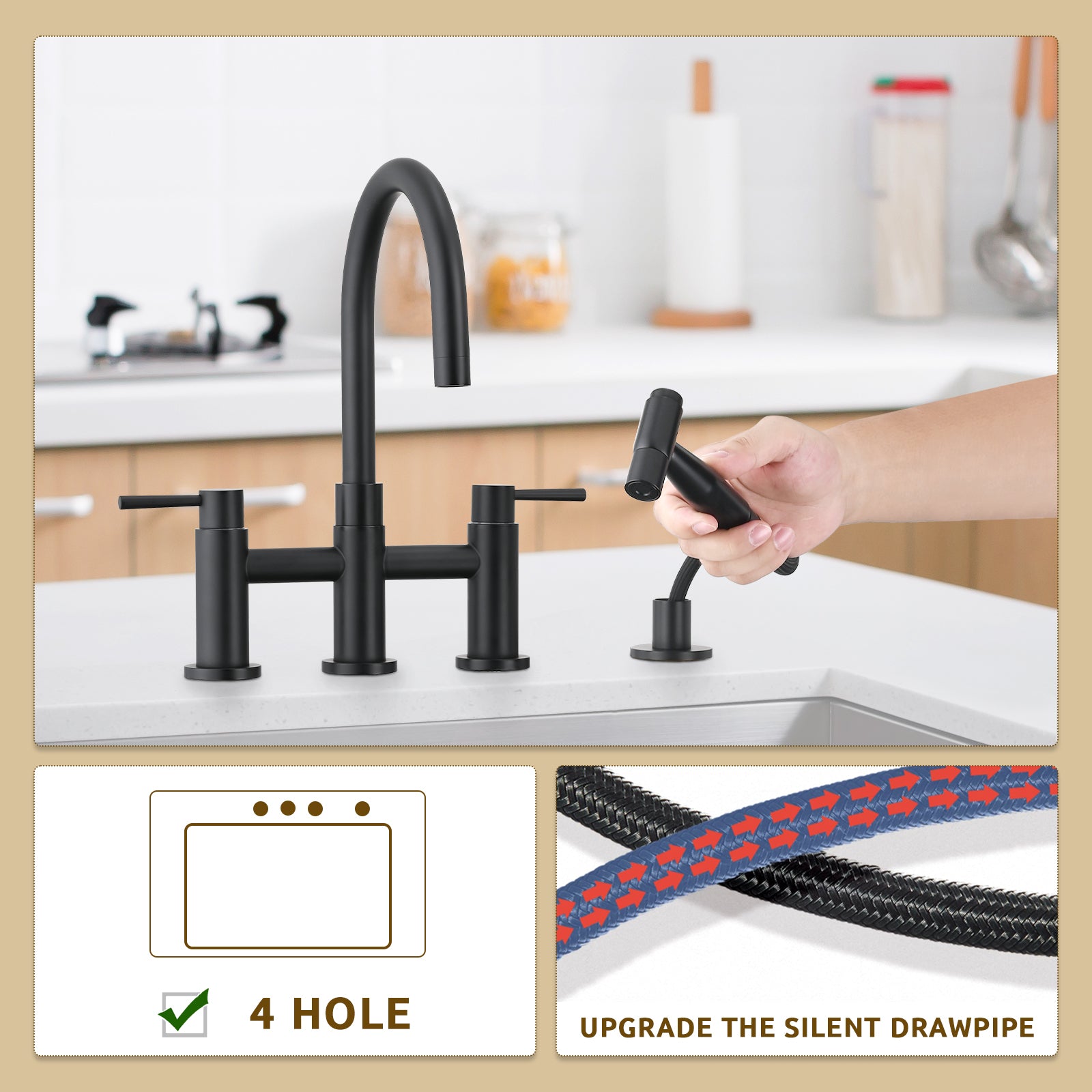 Double Handle Bridge Kitchen Faucet With Side Spray Matte Black Stainless Steel