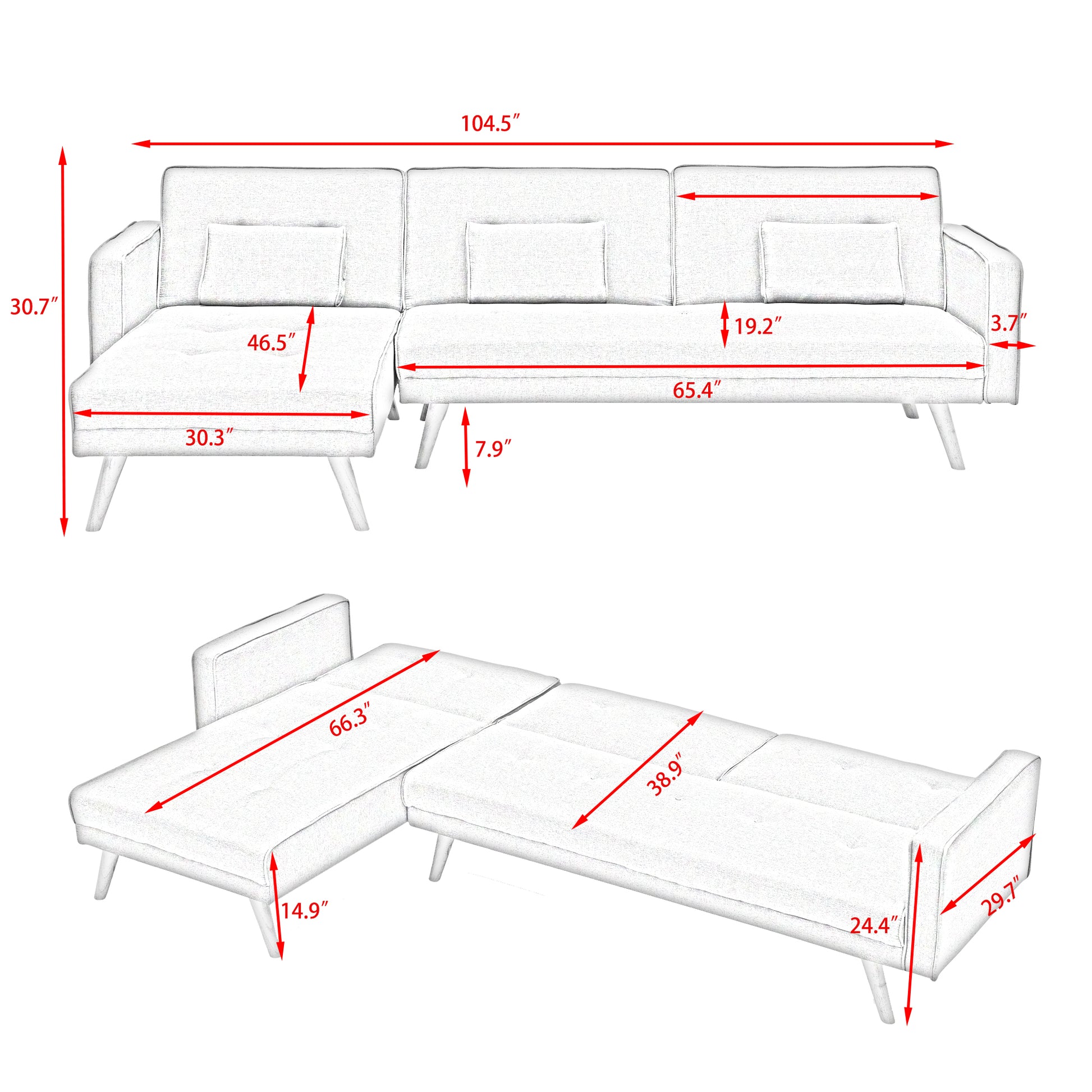 Variable Bed Sofa Living Room Folding Sofa Gray Foam Cotton 4 Seat
