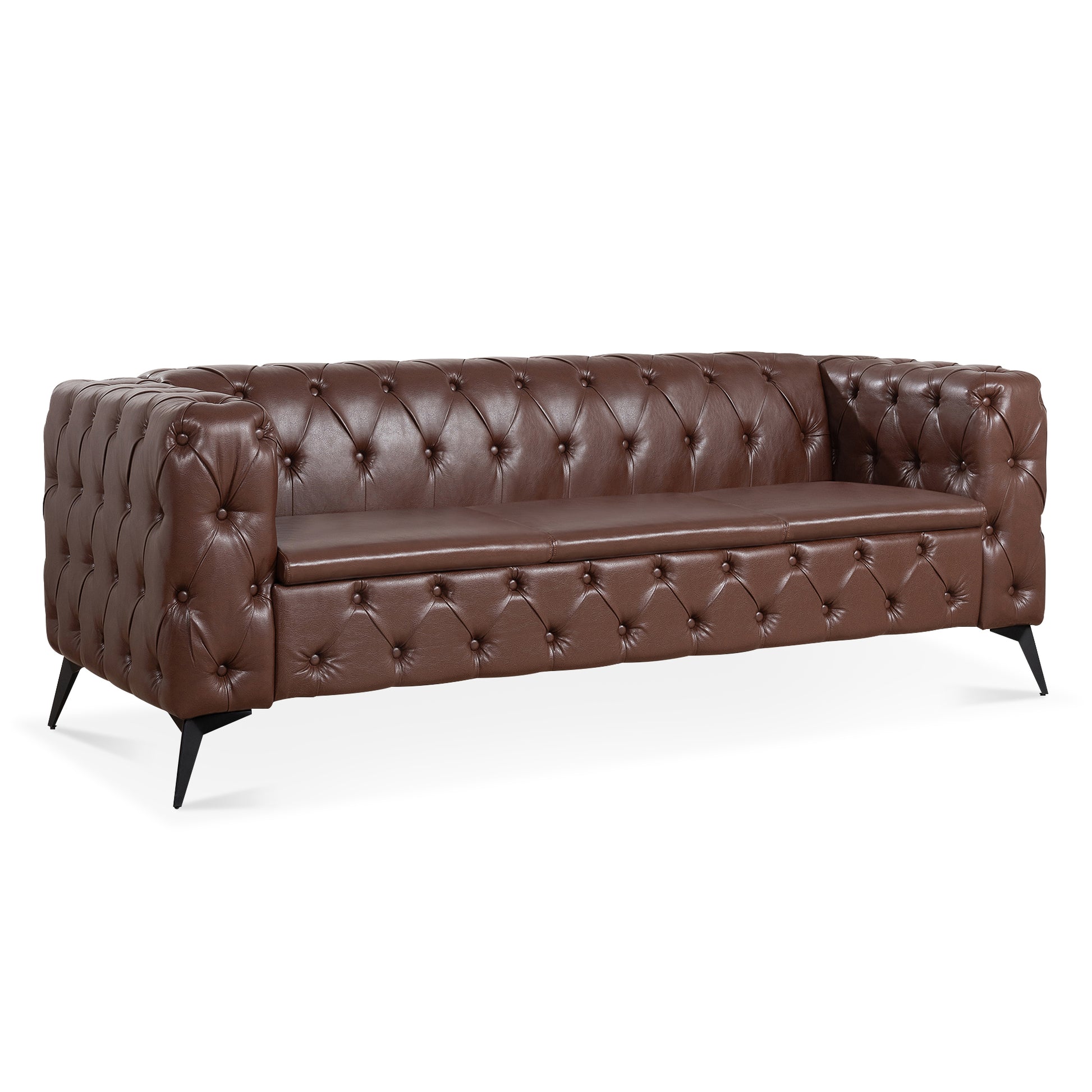 84.06Inch Width Traditional Square Arm Removable Cushion 3 Seater Sofa Dark Brown Foam Pu