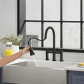 Double Handle Bridge Kitchen Faucet With Pull Down Spray Head Matte Black Stainless Steel