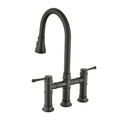 Double Handle Bridge Kitchen Faucet With Pull Down Spray Head Matte Black Stainless Steel