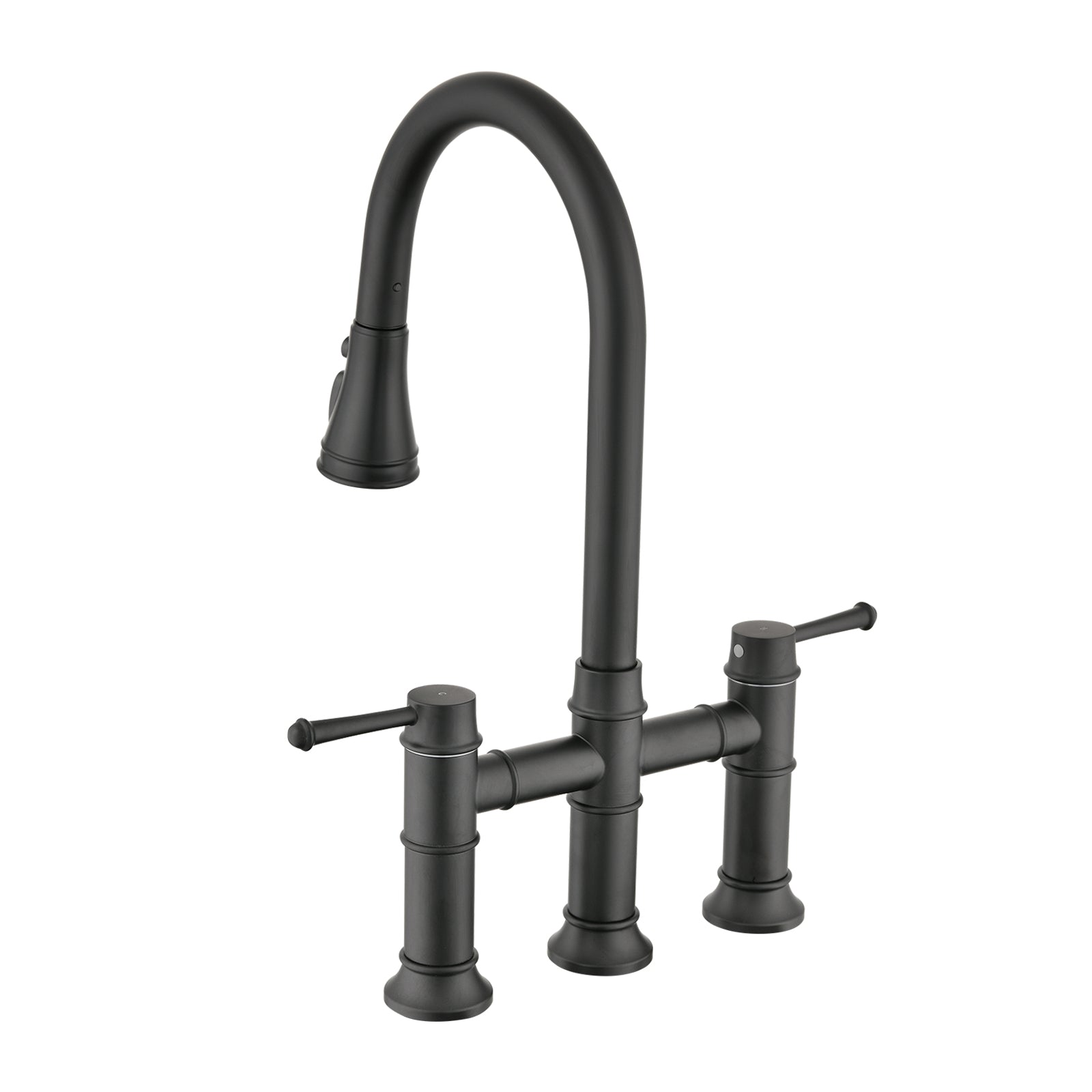 Double Handle Bridge Kitchen Faucet With Pull Down Spray Head Matte Black Stainless Steel