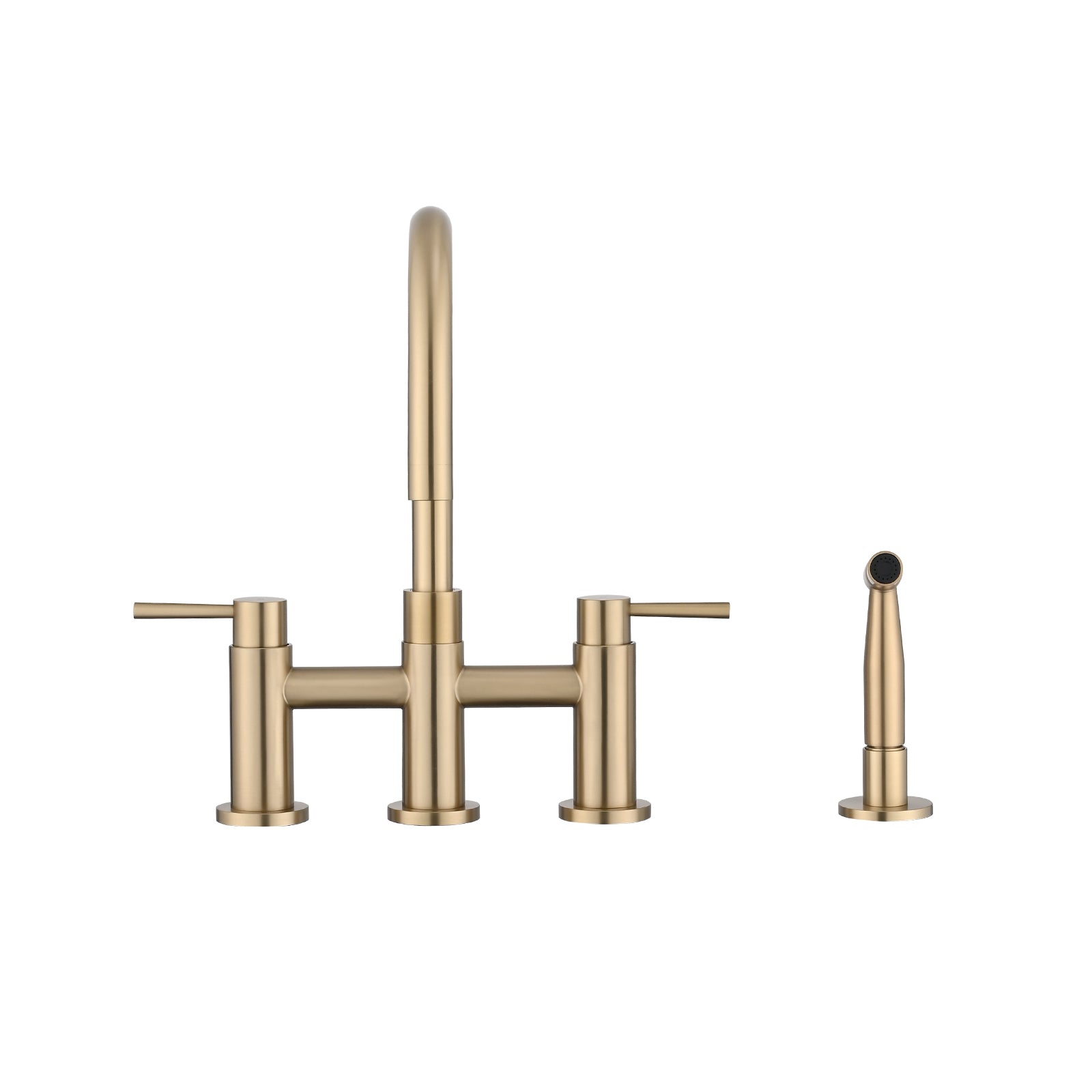 Double Handle Bridge Kitchen Faucet With Side Spray Brushed Gold Stainless Steel