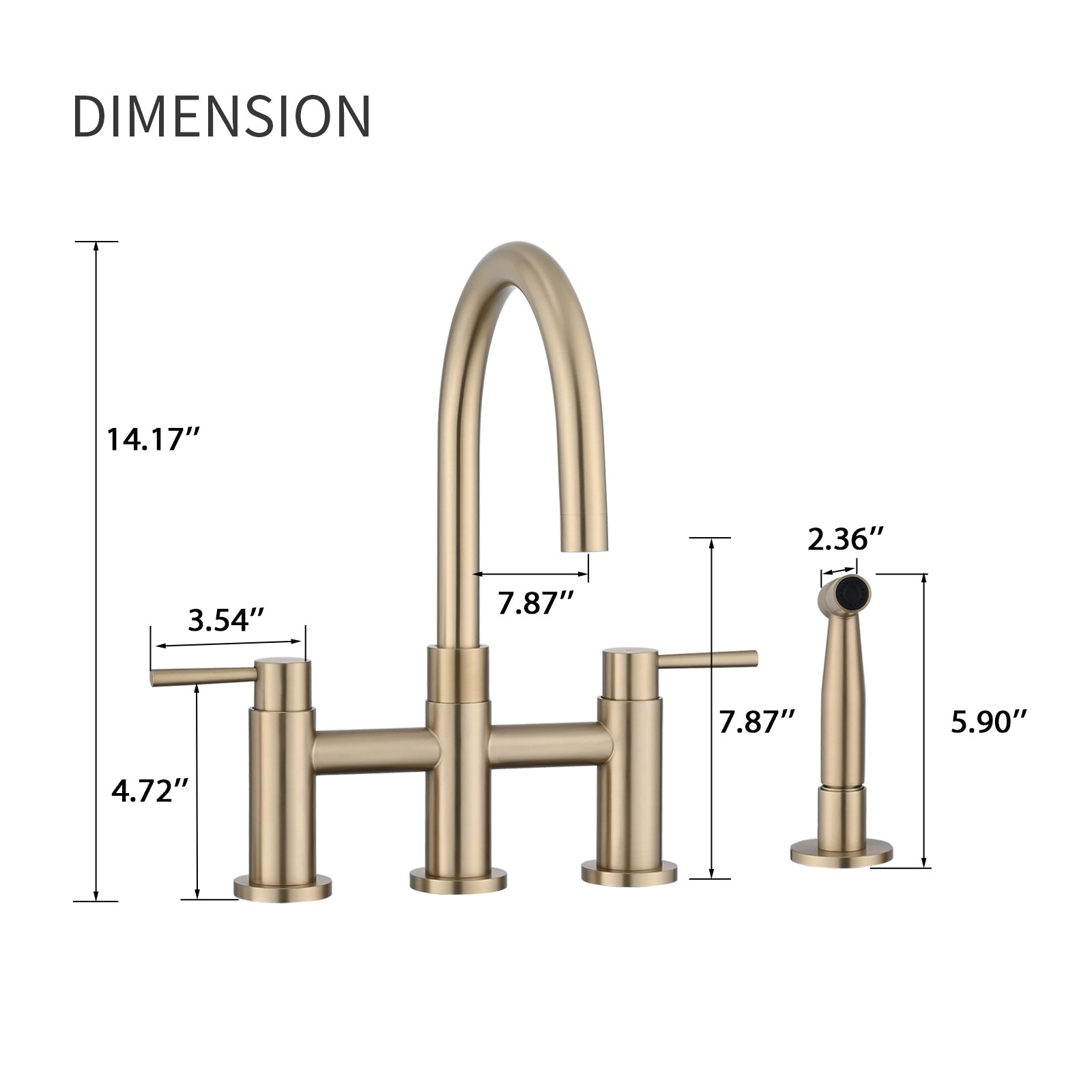 Double Handle Bridge Kitchen Faucet With Side Spray Brushed Gold Stainless Steel