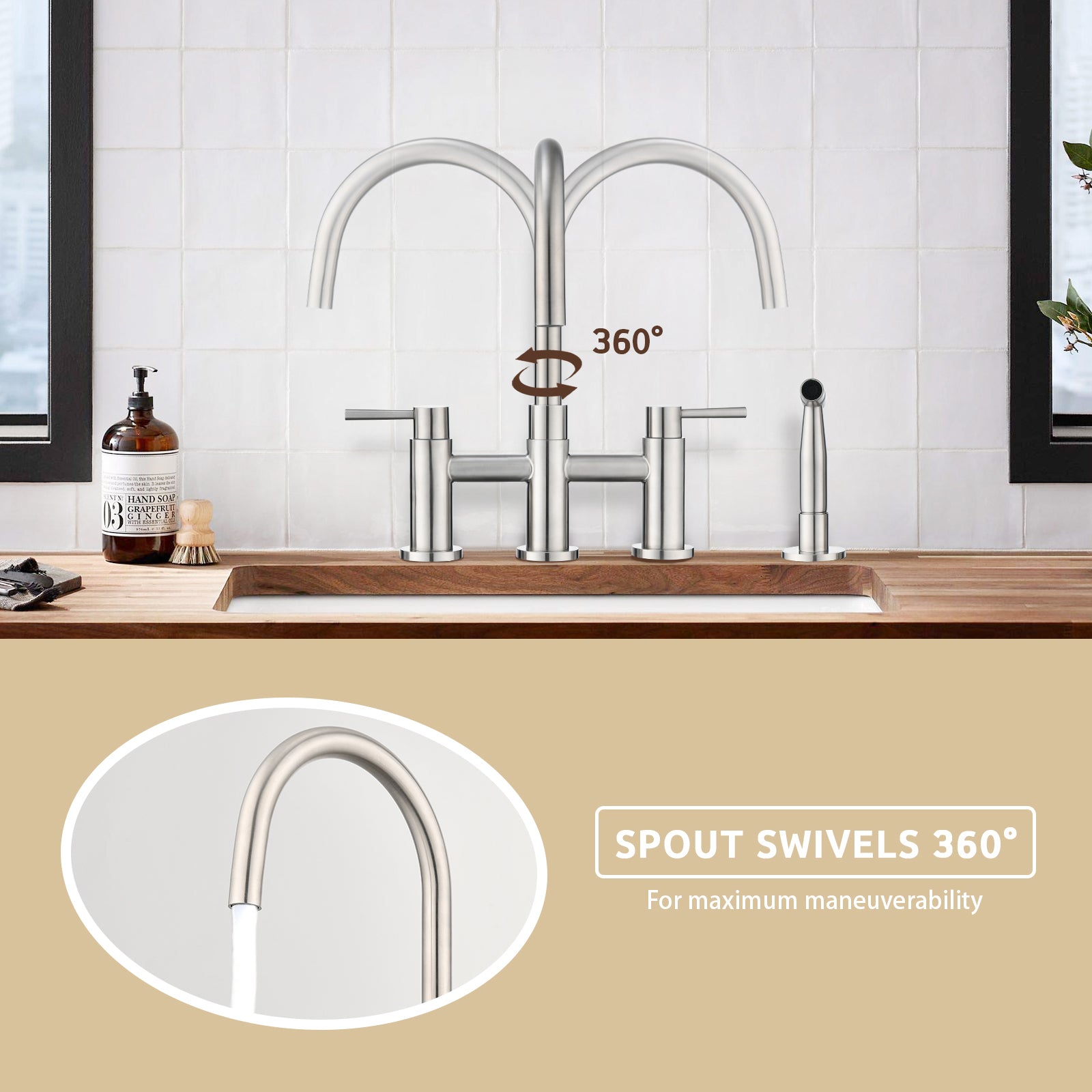 Double Handle Bridge Kitchen Faucet With Side Spray Brushed Nickel Stainless Steel