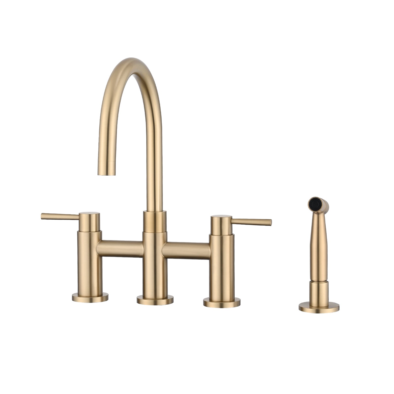 Double Handle Bridge Kitchen Faucet With Side Spray Brushed Gold Stainless Steel