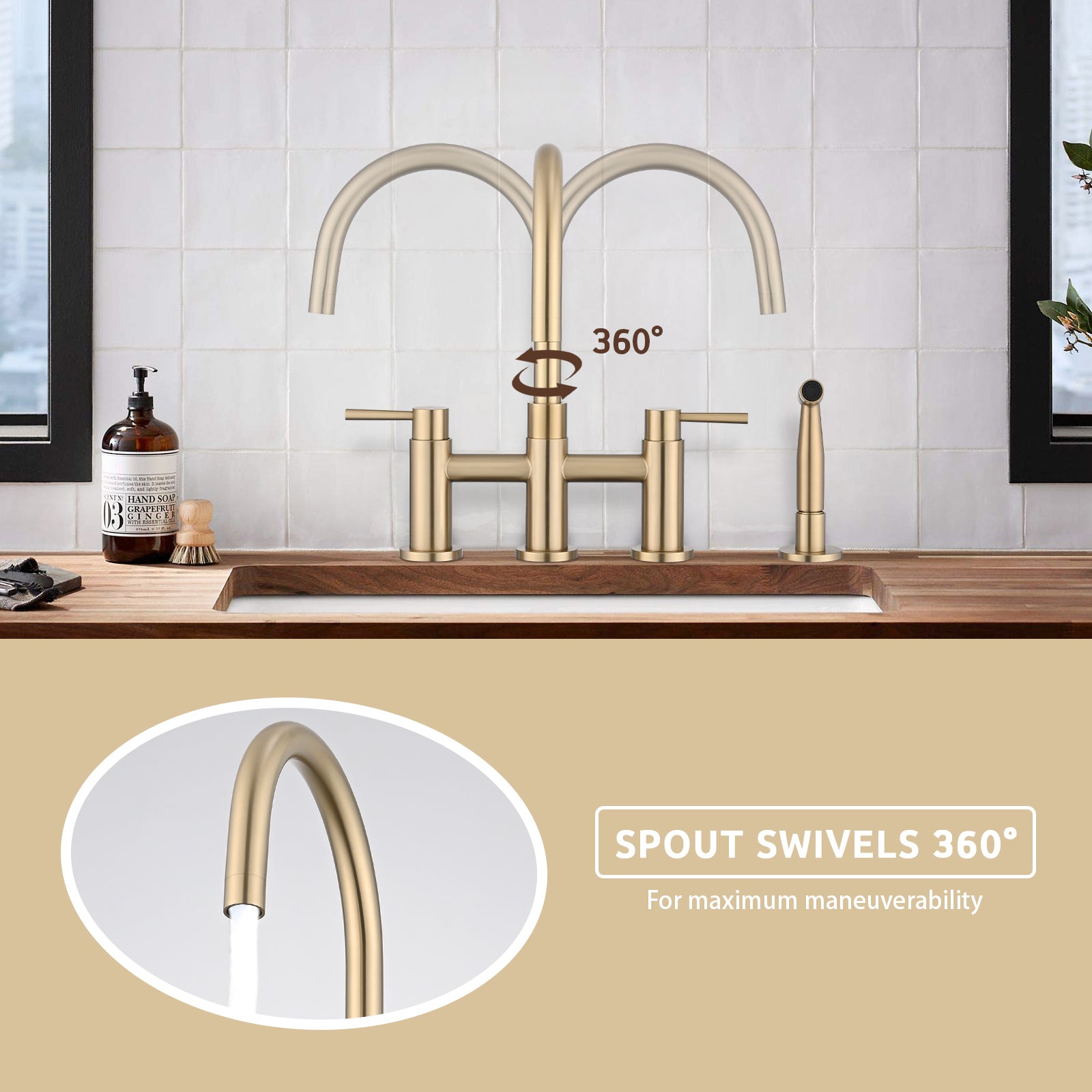 Double Handle Bridge Kitchen Faucet With Side Spray Brushed Gold Stainless Steel