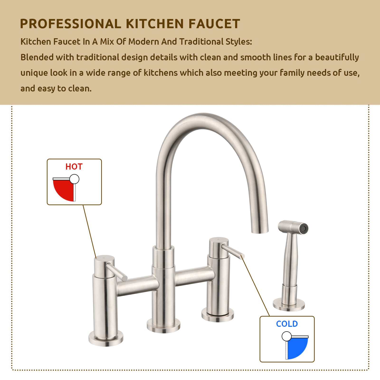 Double Handle Bridge Kitchen Faucet With Side Spray Brushed Nickel Stainless Steel