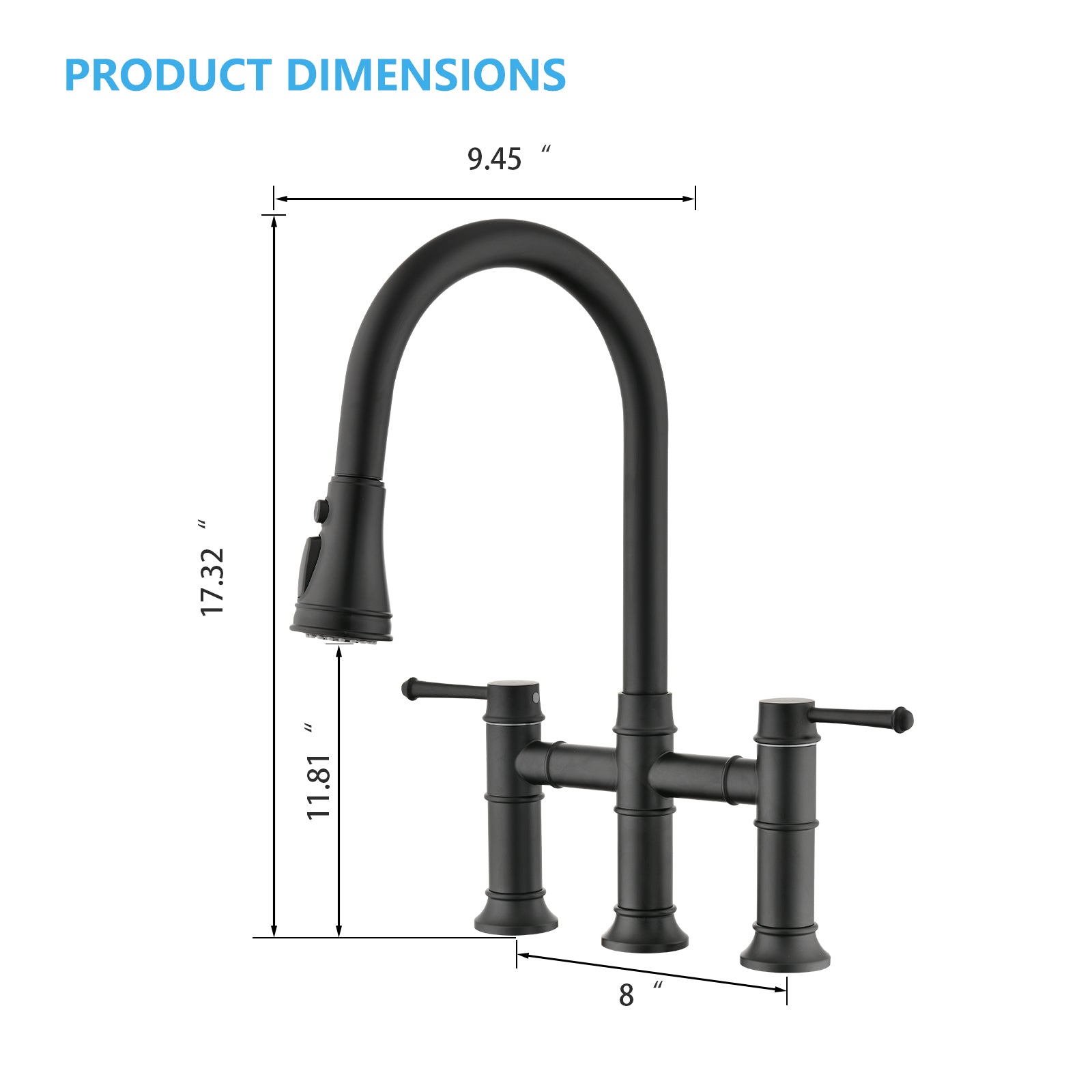 Double Handle Bridge Kitchen Faucet With Pull Down Spray Head Matte Black Stainless Steel